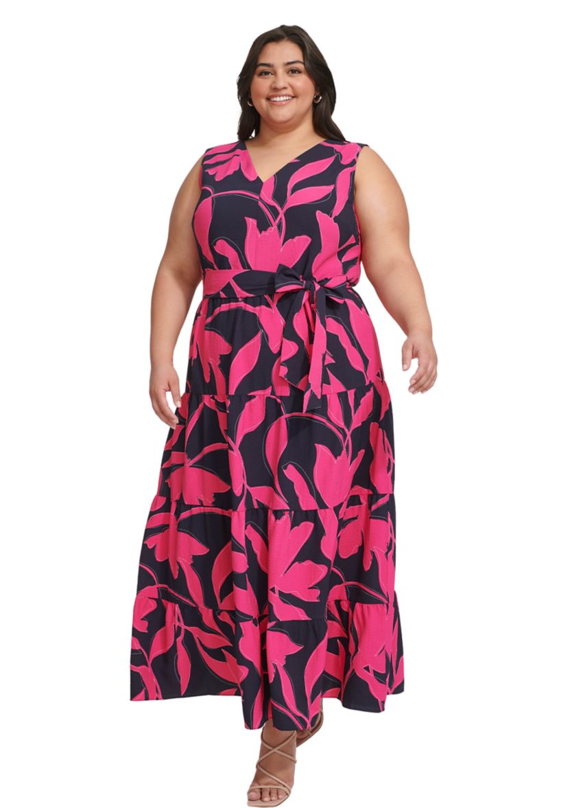 Plus Size Sleeveless Printed V-Neck Tie Waist Dres