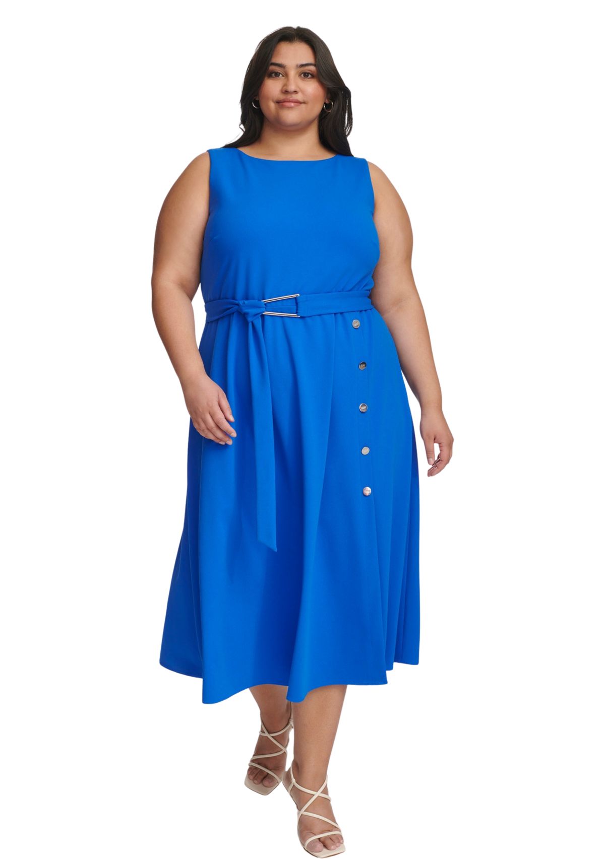 Plus Size Boat Neck Belted Fit and Flare Dress