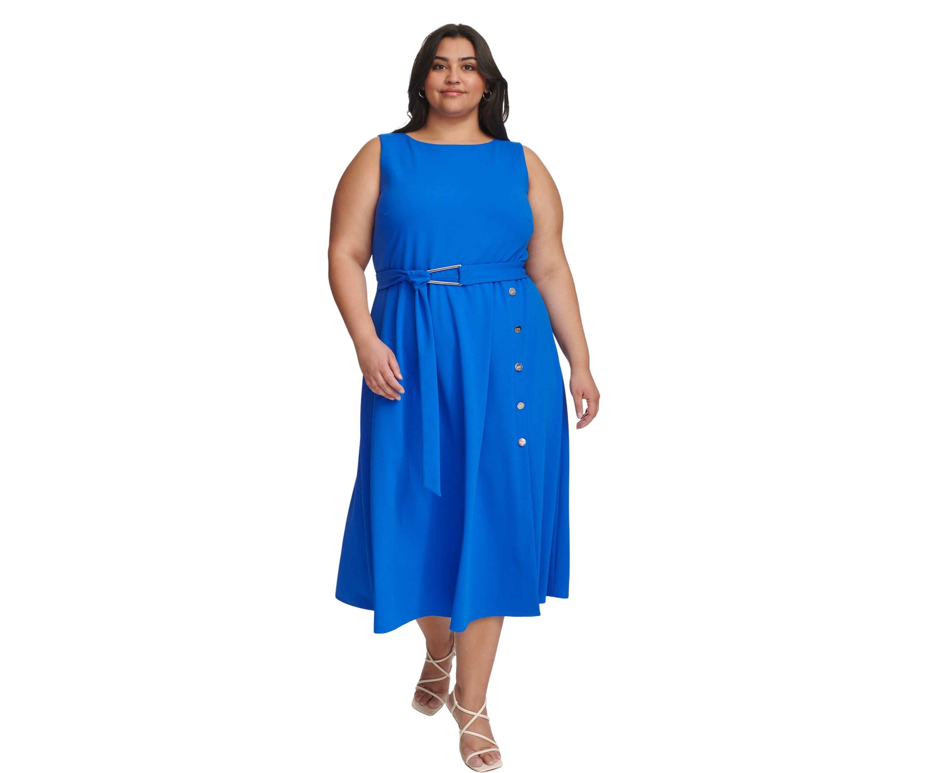 Plus Size Boat Neck Belted Fit and Flare Dress