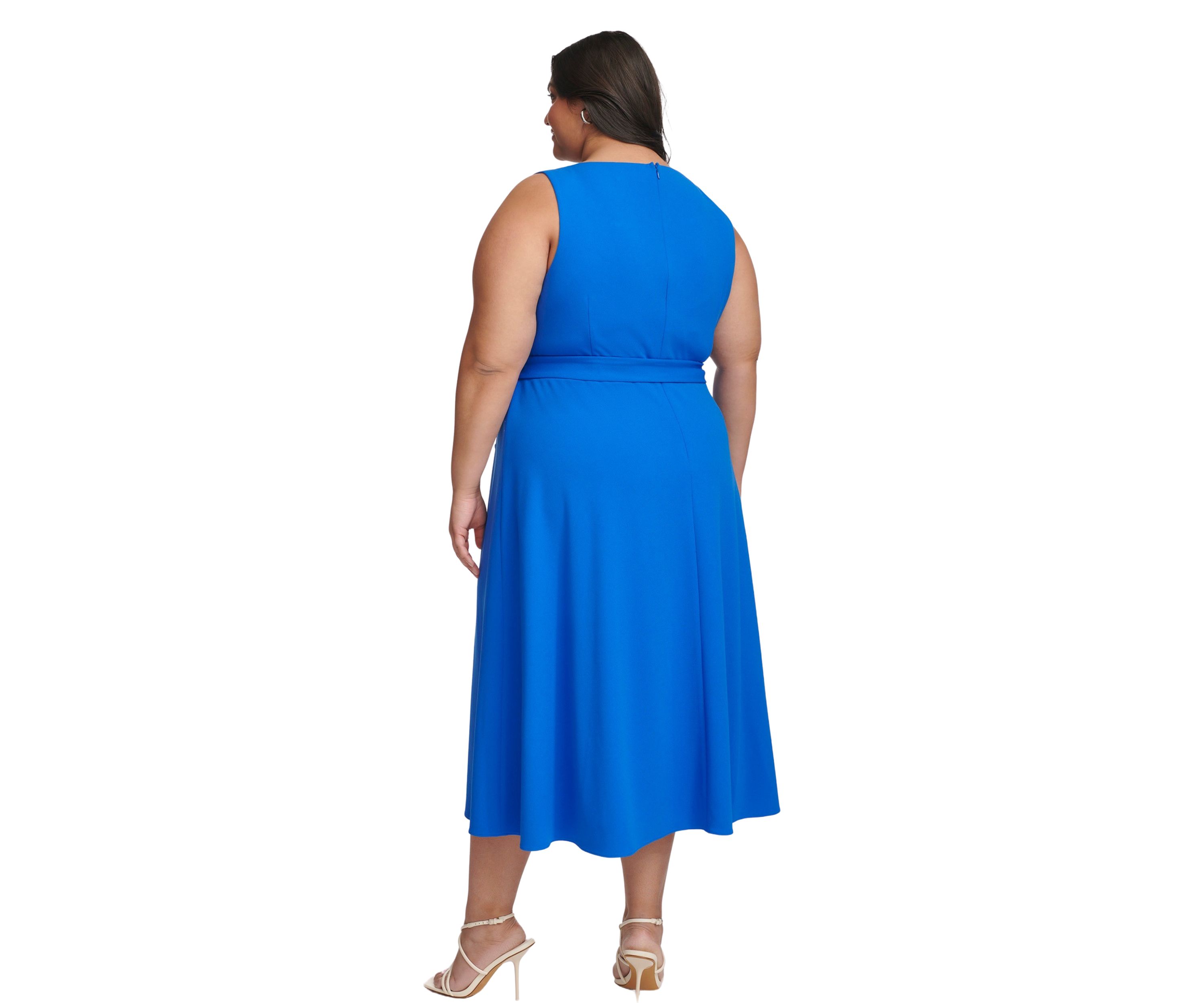 Plus Size Boat Neck Belted Fit and Flare Dress