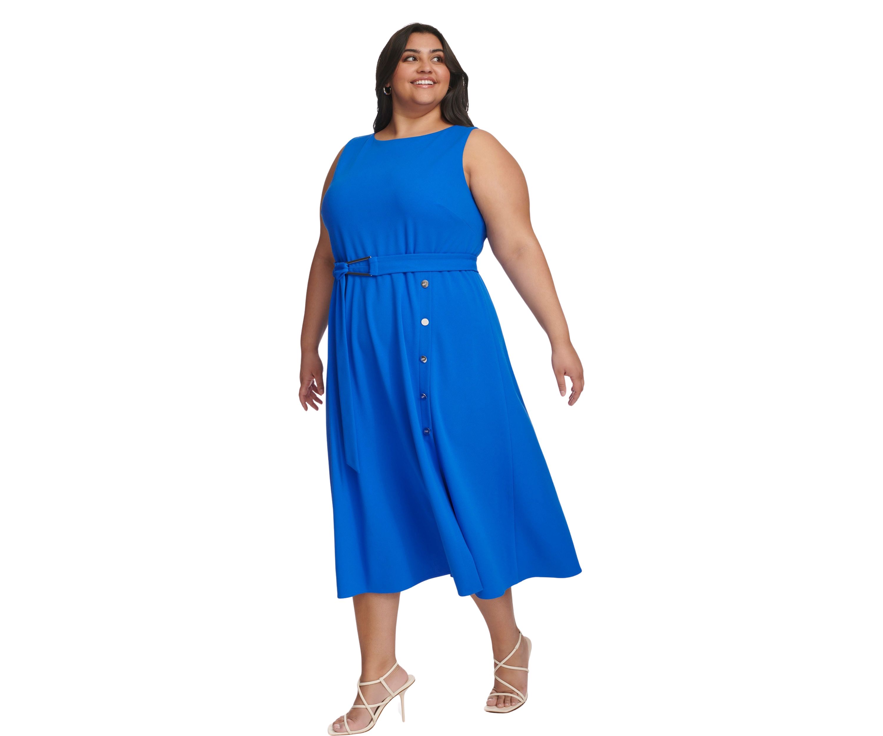 Plus Size Boat Neck Belted Fit and Flare Dress