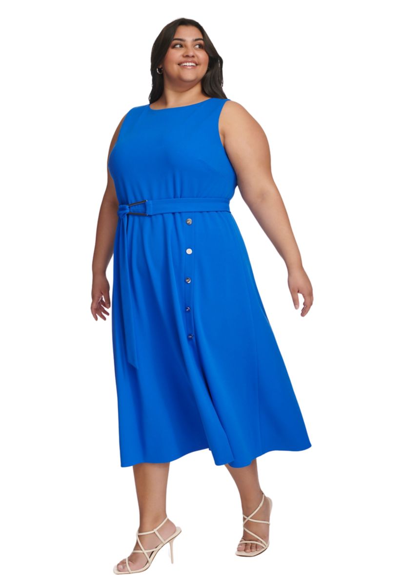 Plus Size Boat Neck Belted Fit and Flare Dress