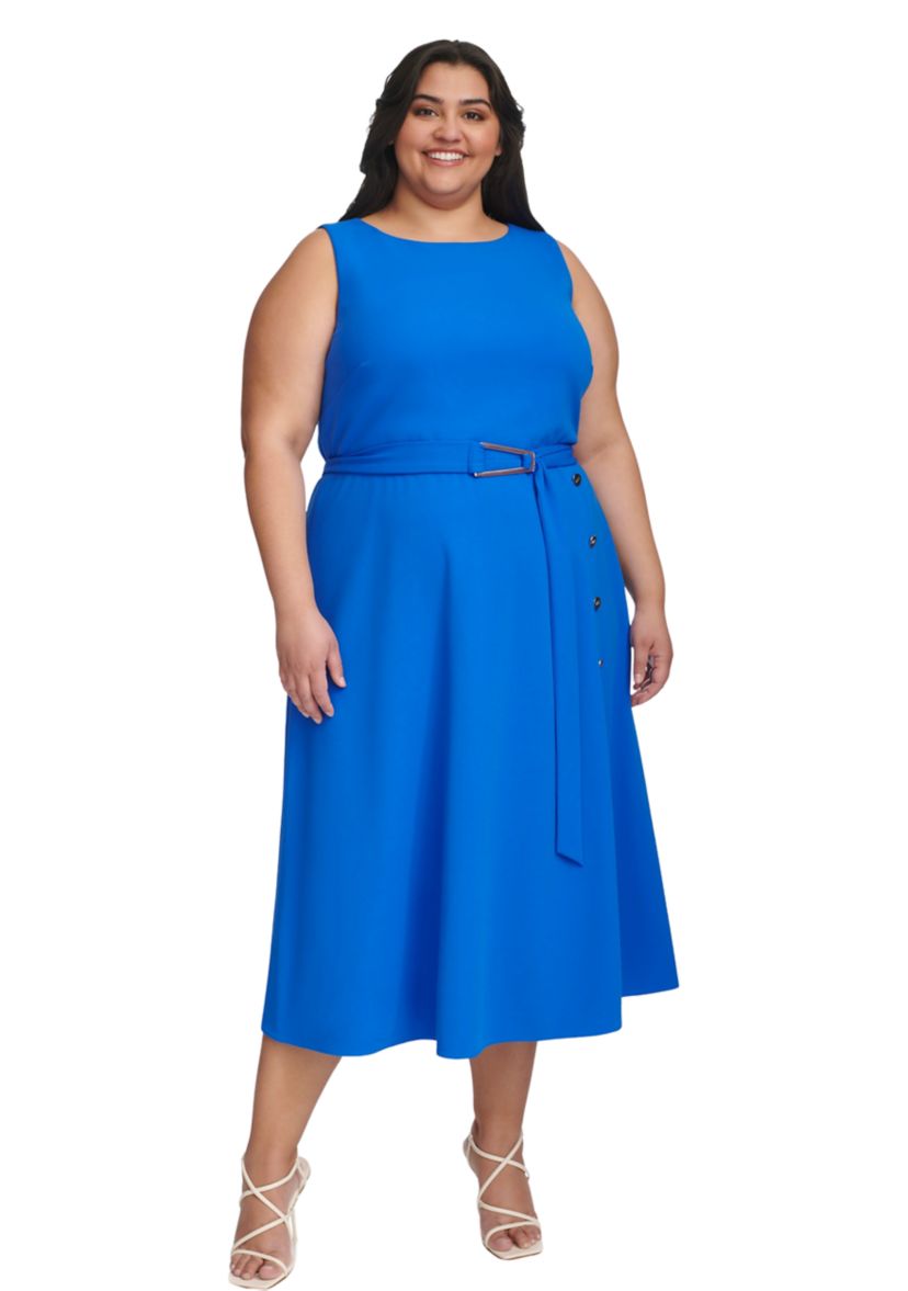 Plus Size Boat Neck Belted Fit and Flare Dress