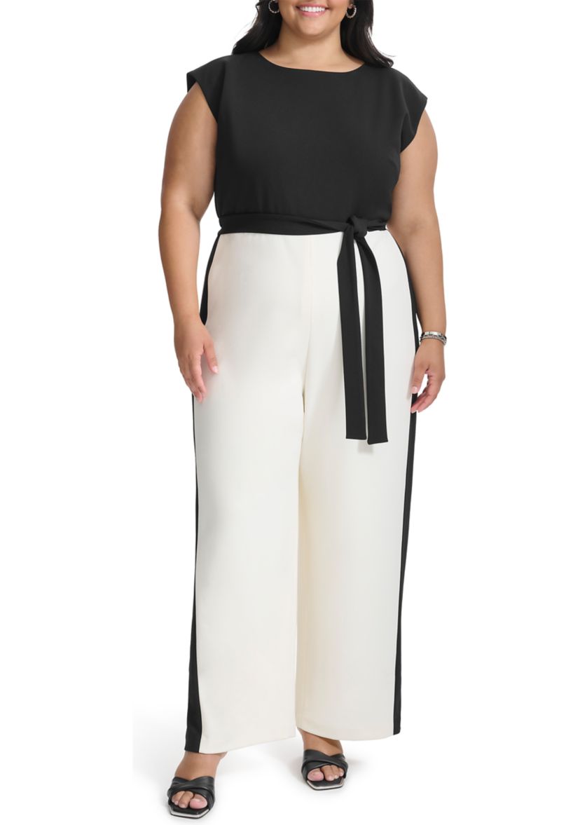 Plus Size Color Block Printed Scuba Jumpsuit 