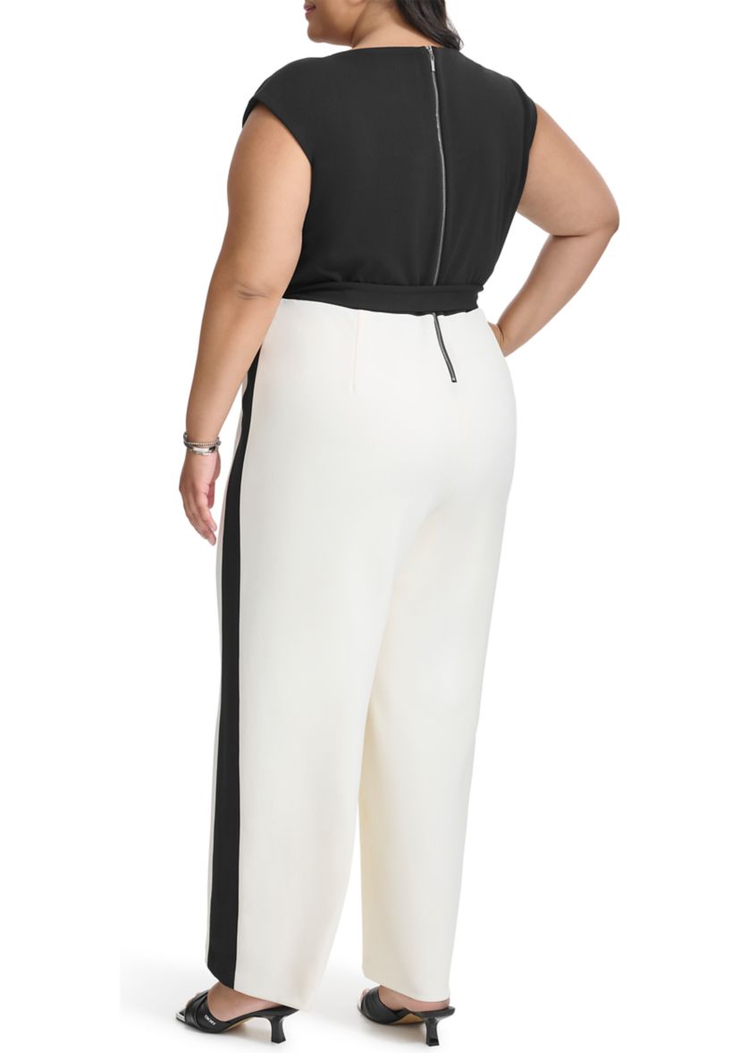 Plus Size Color Block Printed Scuba Jumpsuit 
