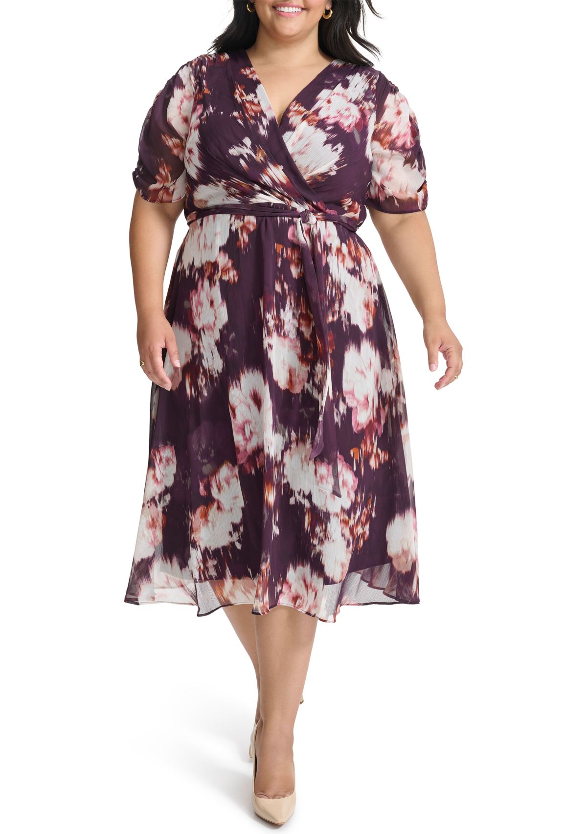 Plus Size V-Neck Floral Chiffon Wrap Fit and Flare Dress