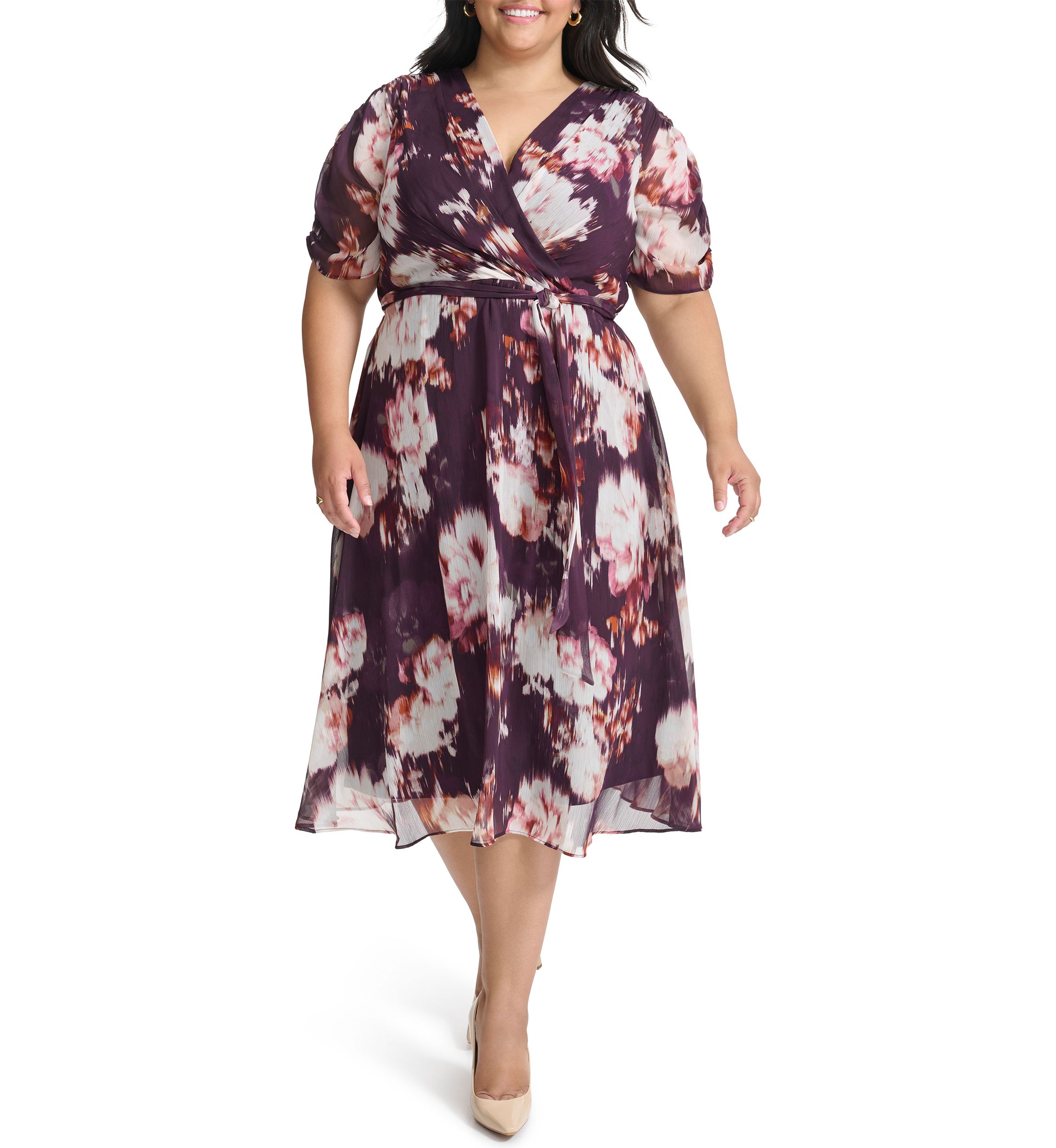 Plus Size V-Neck Floral Chiffon Wrap Fit and Flare Dress