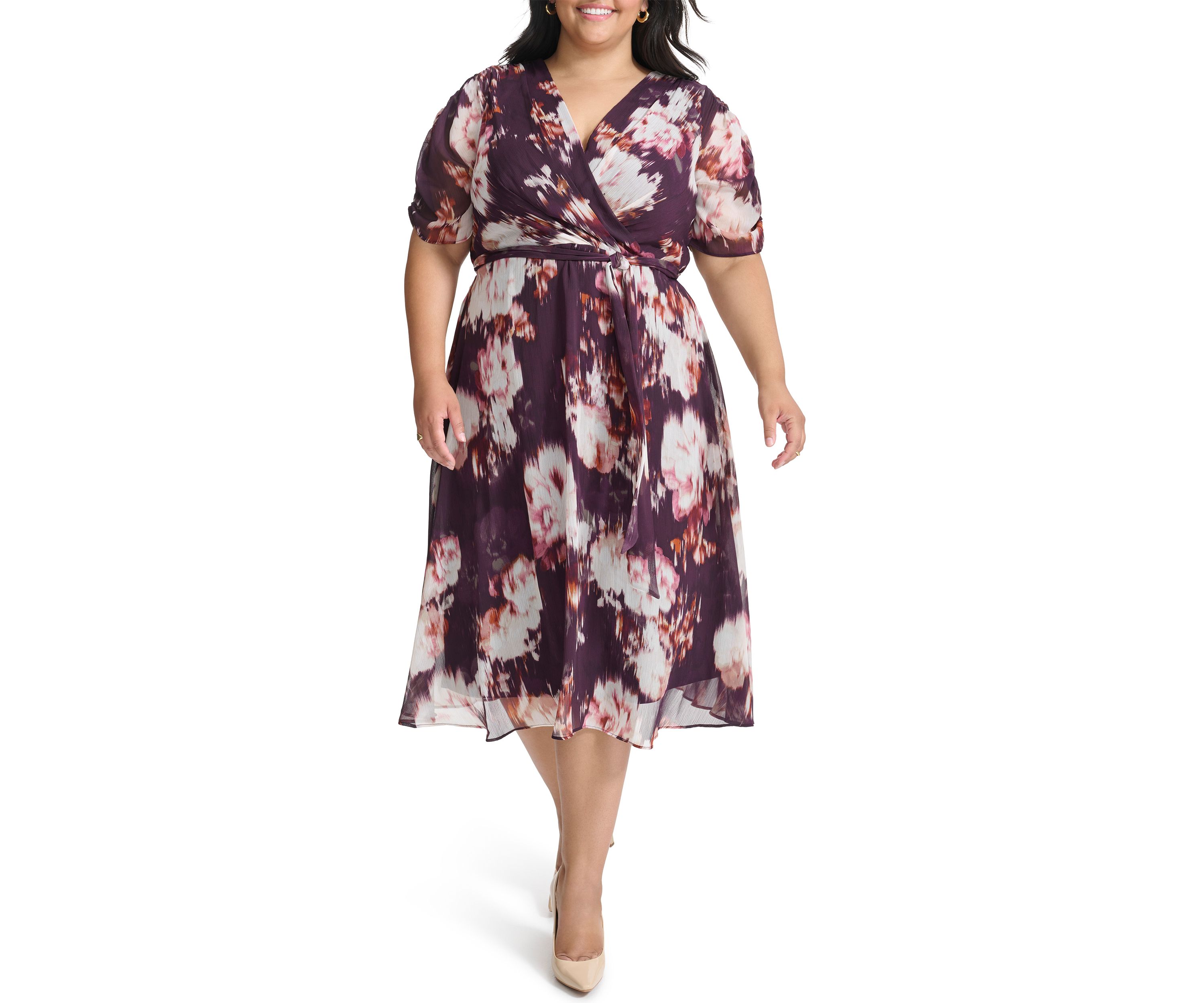 Plus Size V-Neck Floral Chiffon Wrap Fit and Flare Dress
