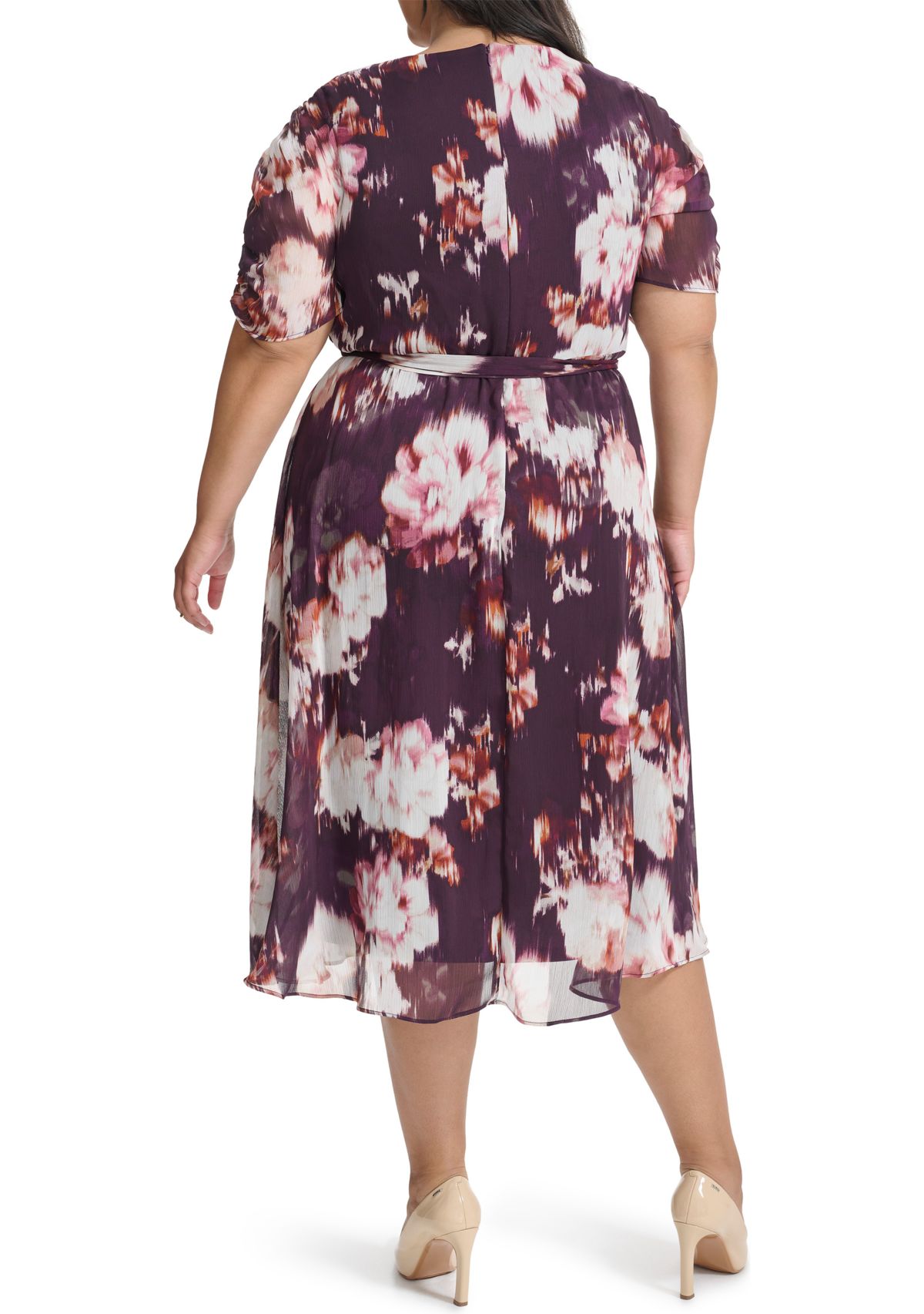 Plus Size V-Neck Floral Chiffon Wrap Fit and Flare Dress