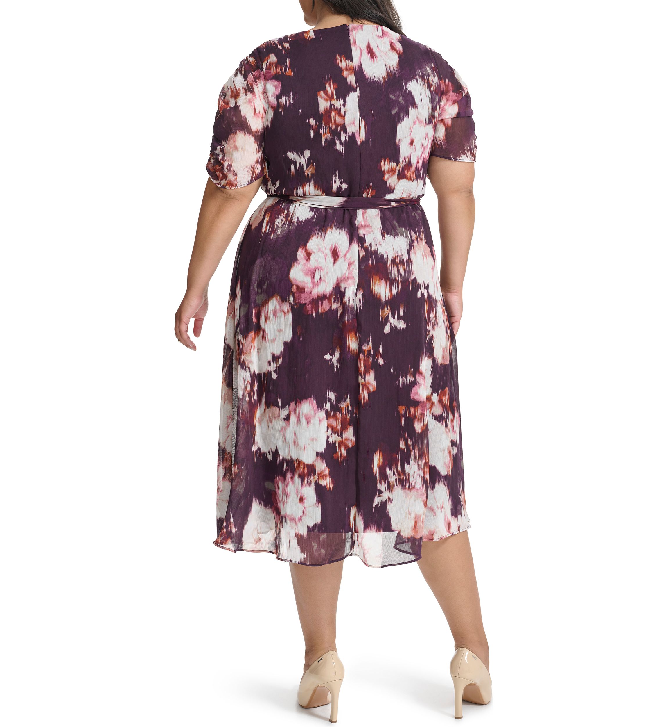 Plus Size V-Neck Floral Chiffon Wrap Fit and Flare Dress