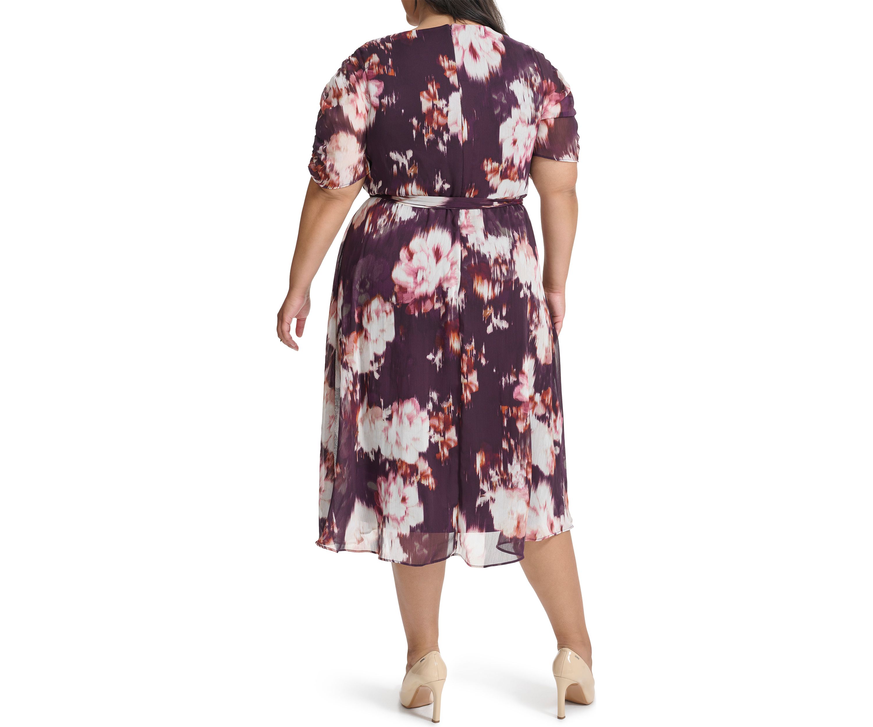Plus Size V-Neck Floral Chiffon Wrap Fit and Flare Dress
