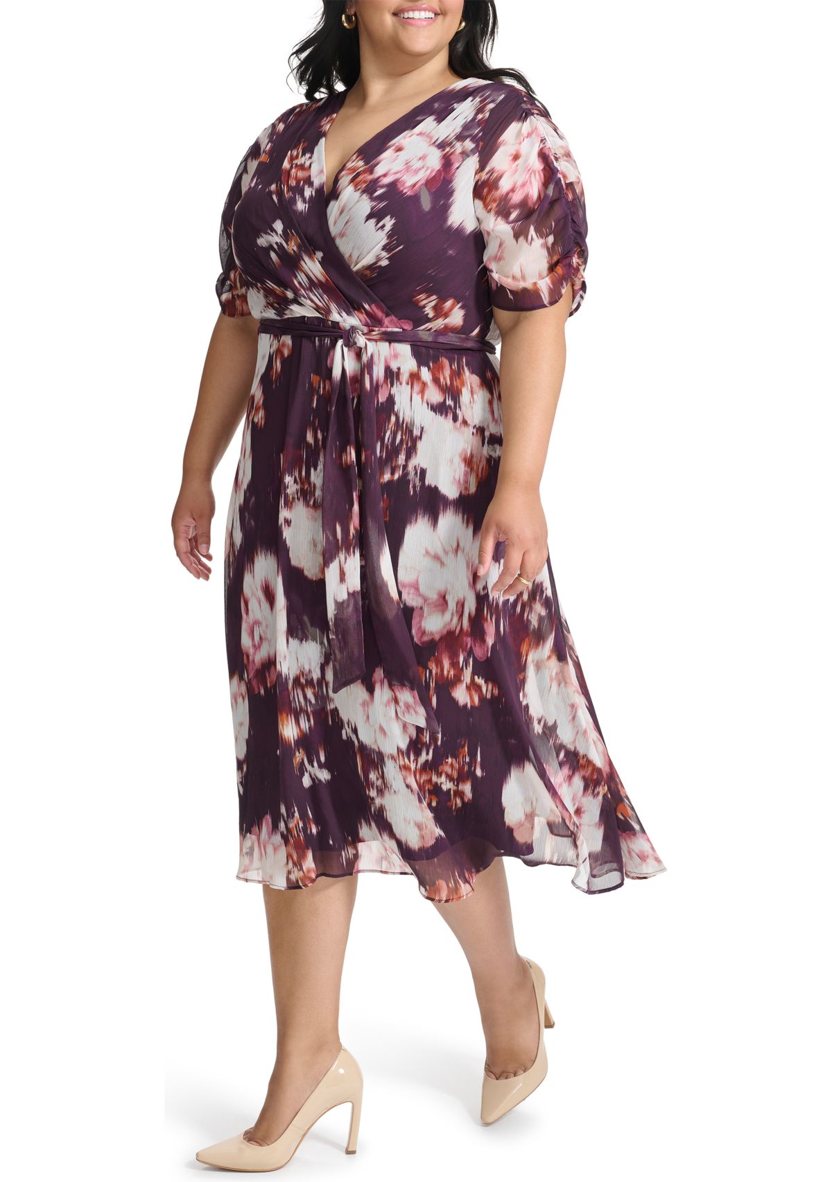 Plus Size V-Neck Floral Chiffon Wrap Fit and Flare Dress