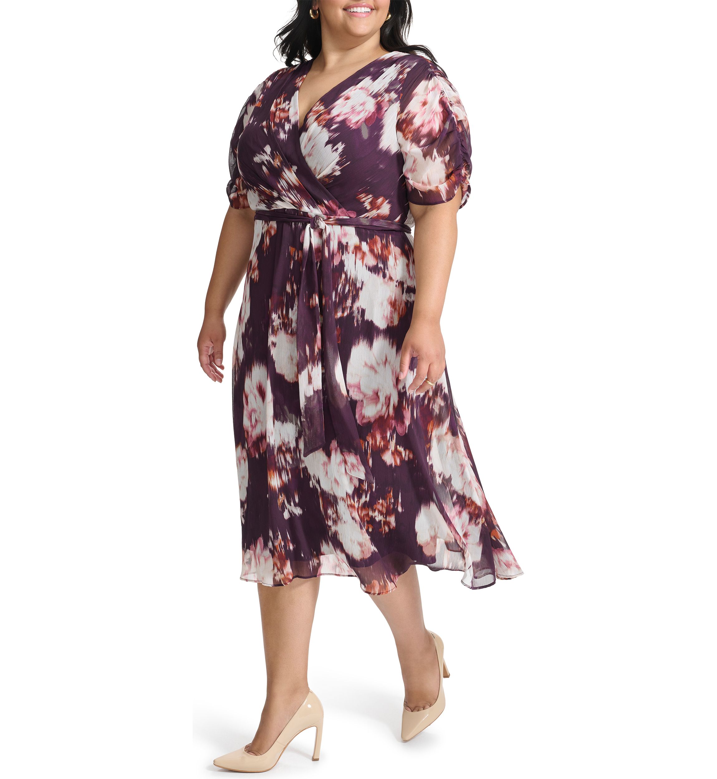 Plus Size V-Neck Floral Chiffon Wrap Fit and Flare Dress