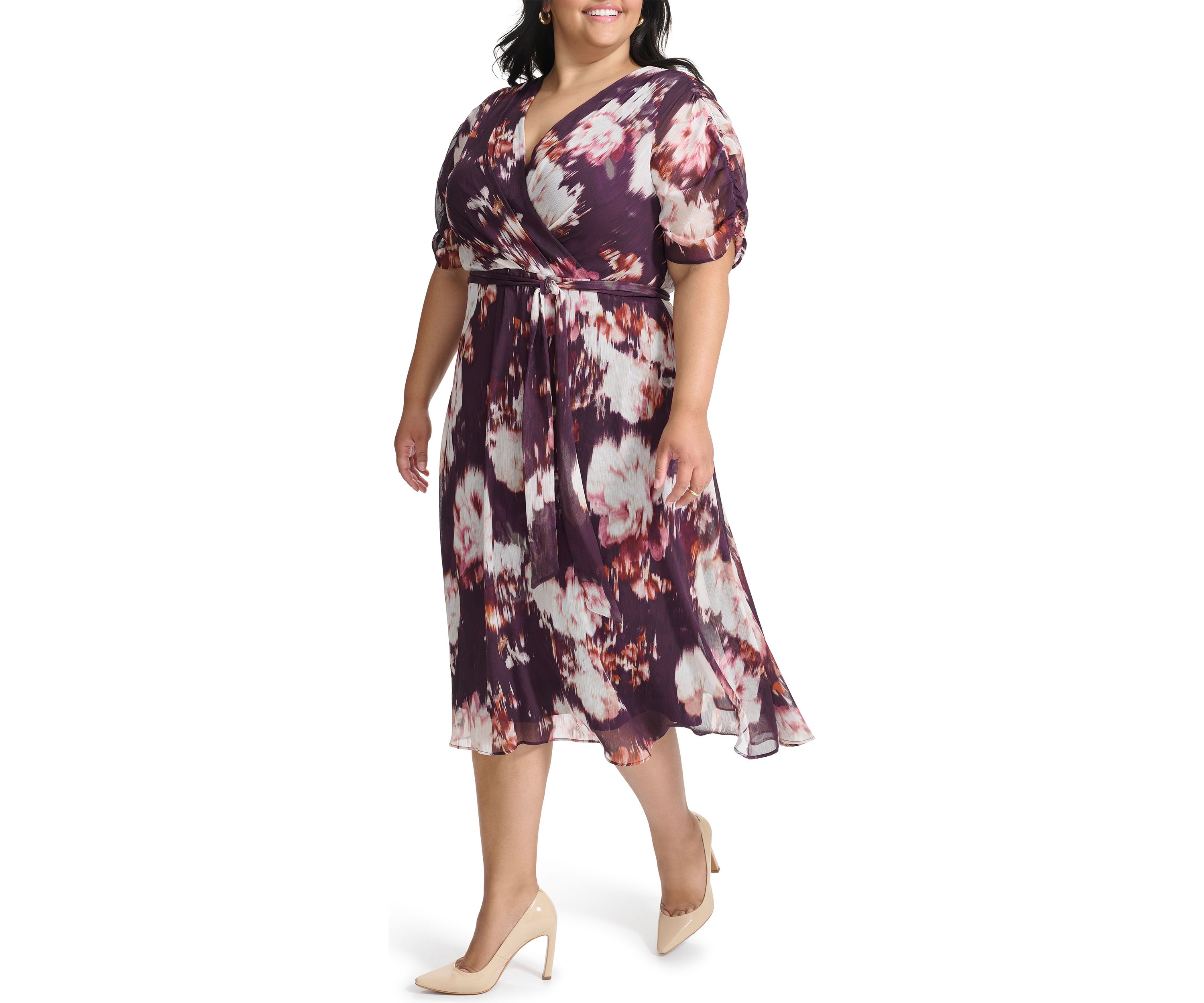 Plus Size V-Neck Floral Chiffon Wrap Fit and Flare Dress
