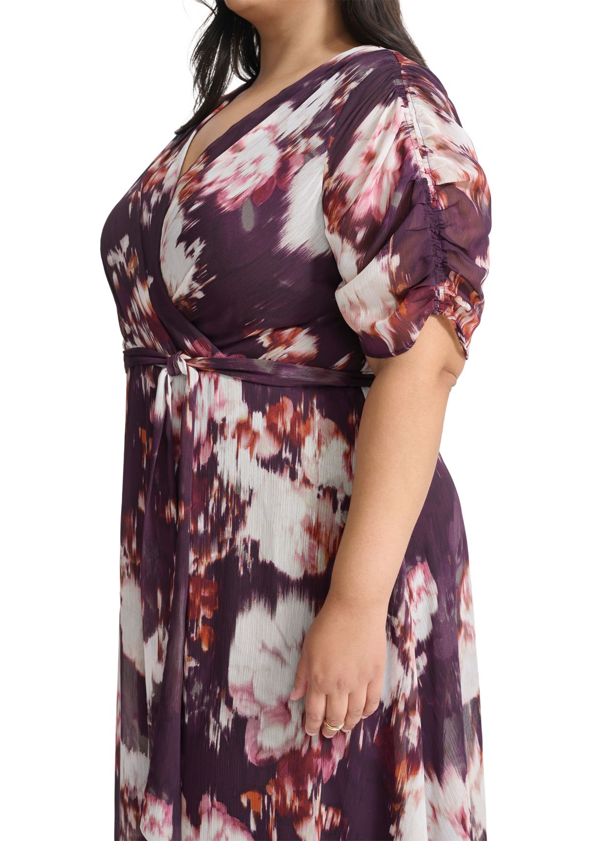 Plus Size V-Neck Floral Chiffon Wrap Fit and Flare Dress