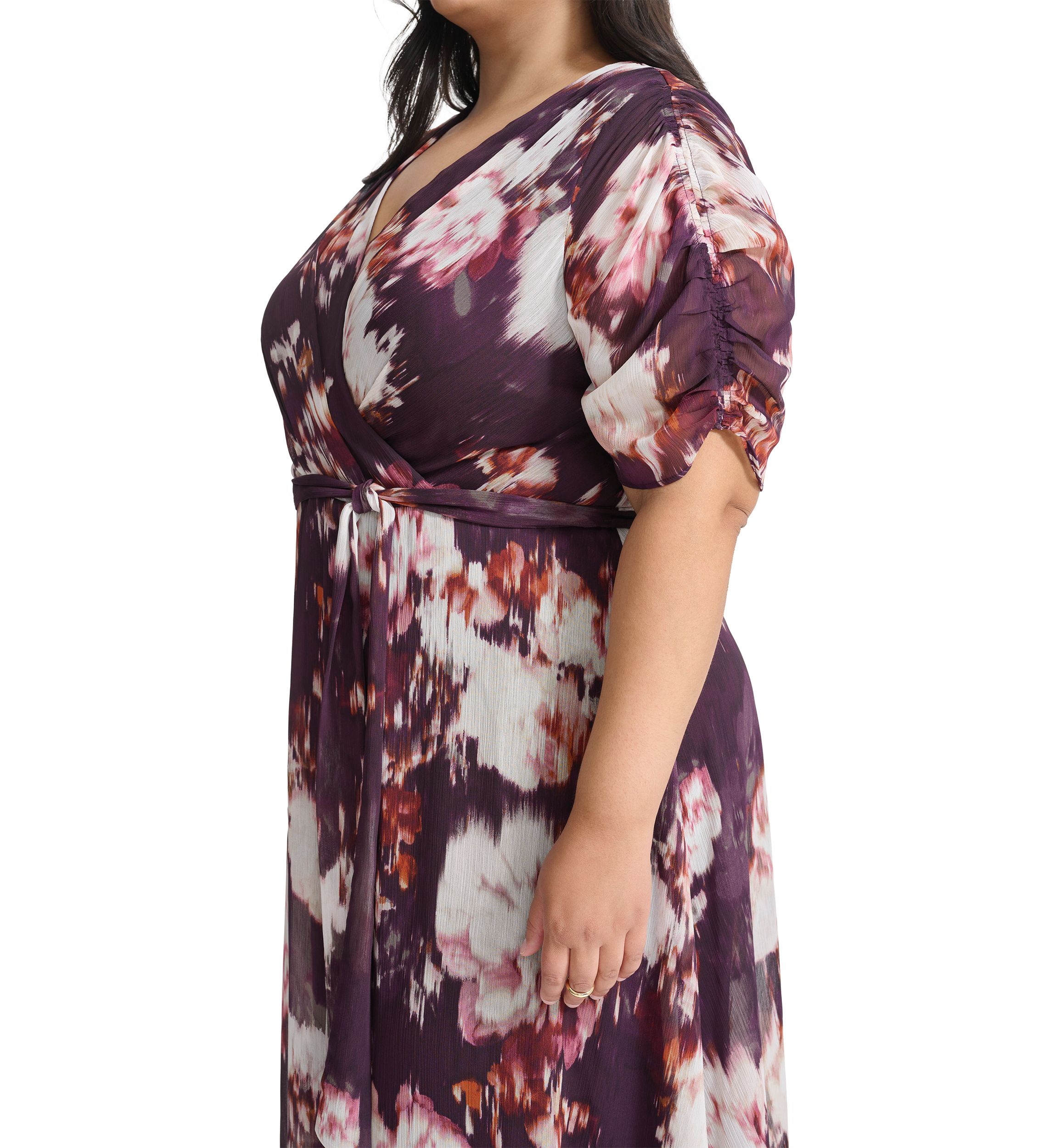 Plus Size V-Neck Floral Chiffon Wrap Fit and Flare Dress