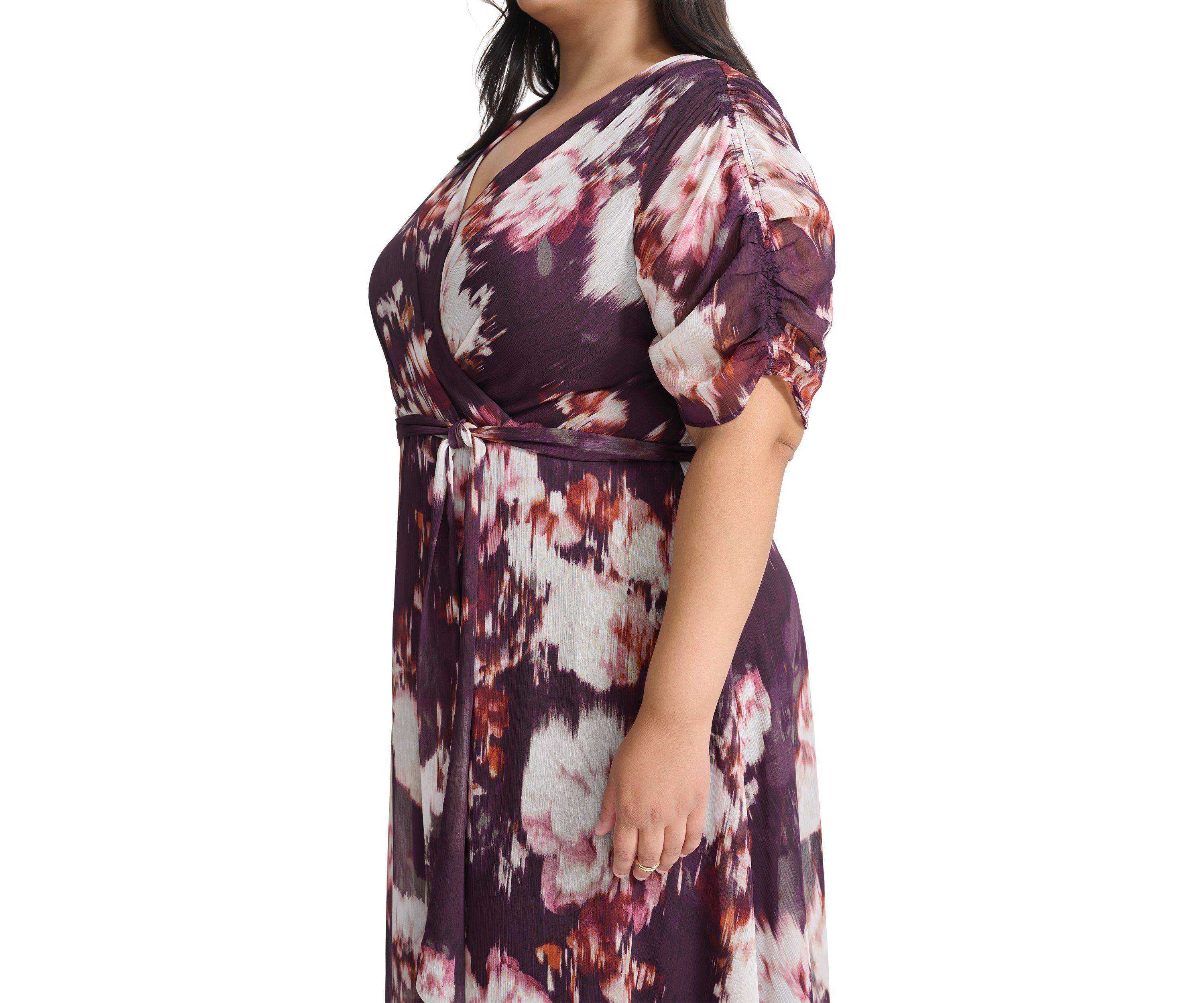 Plus Size V-Neck Floral Chiffon Wrap Fit and Flare Dress