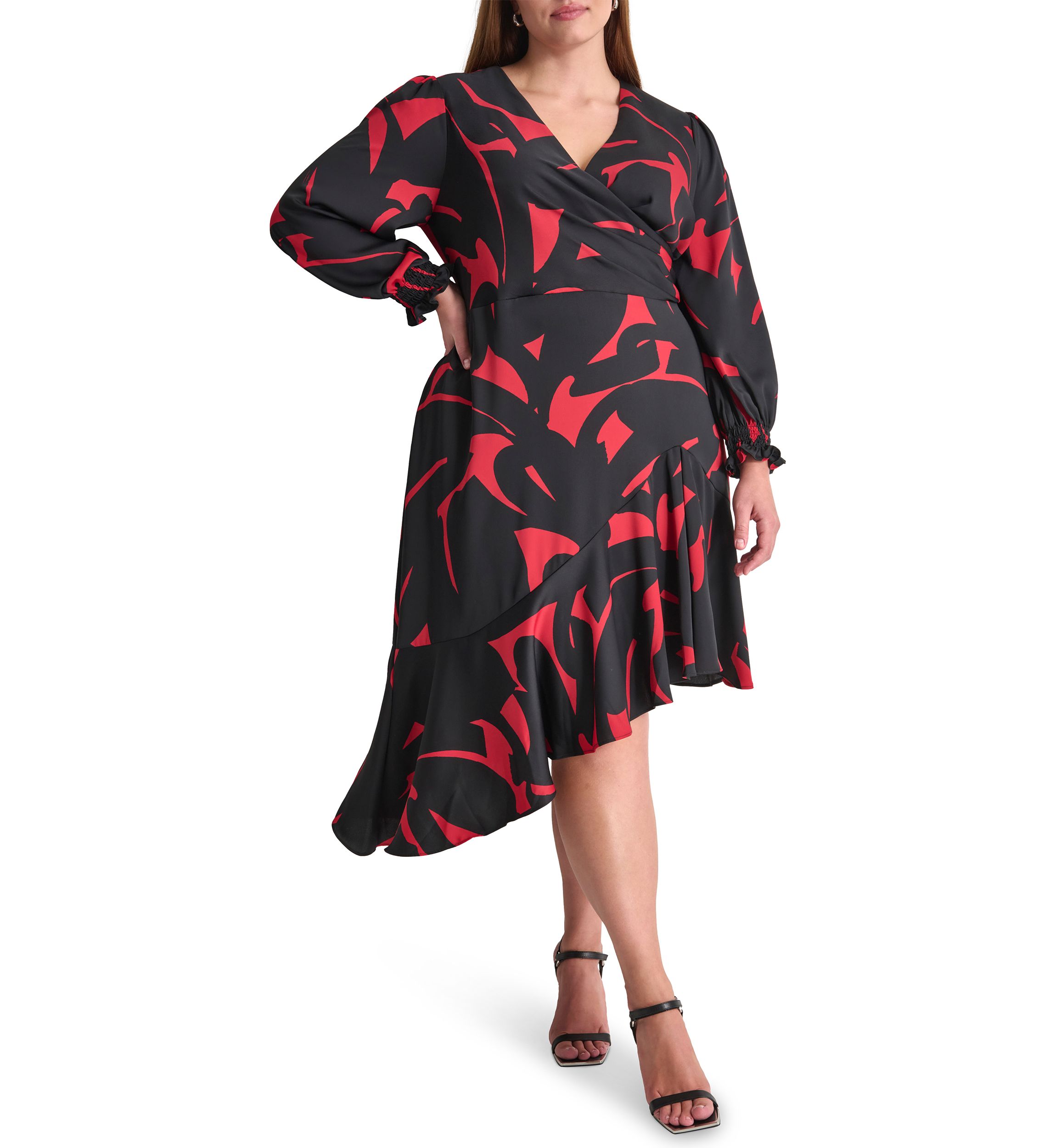 Plus Size Long Sleeve V-Neck Abstract Print Fit and Flare Dress 