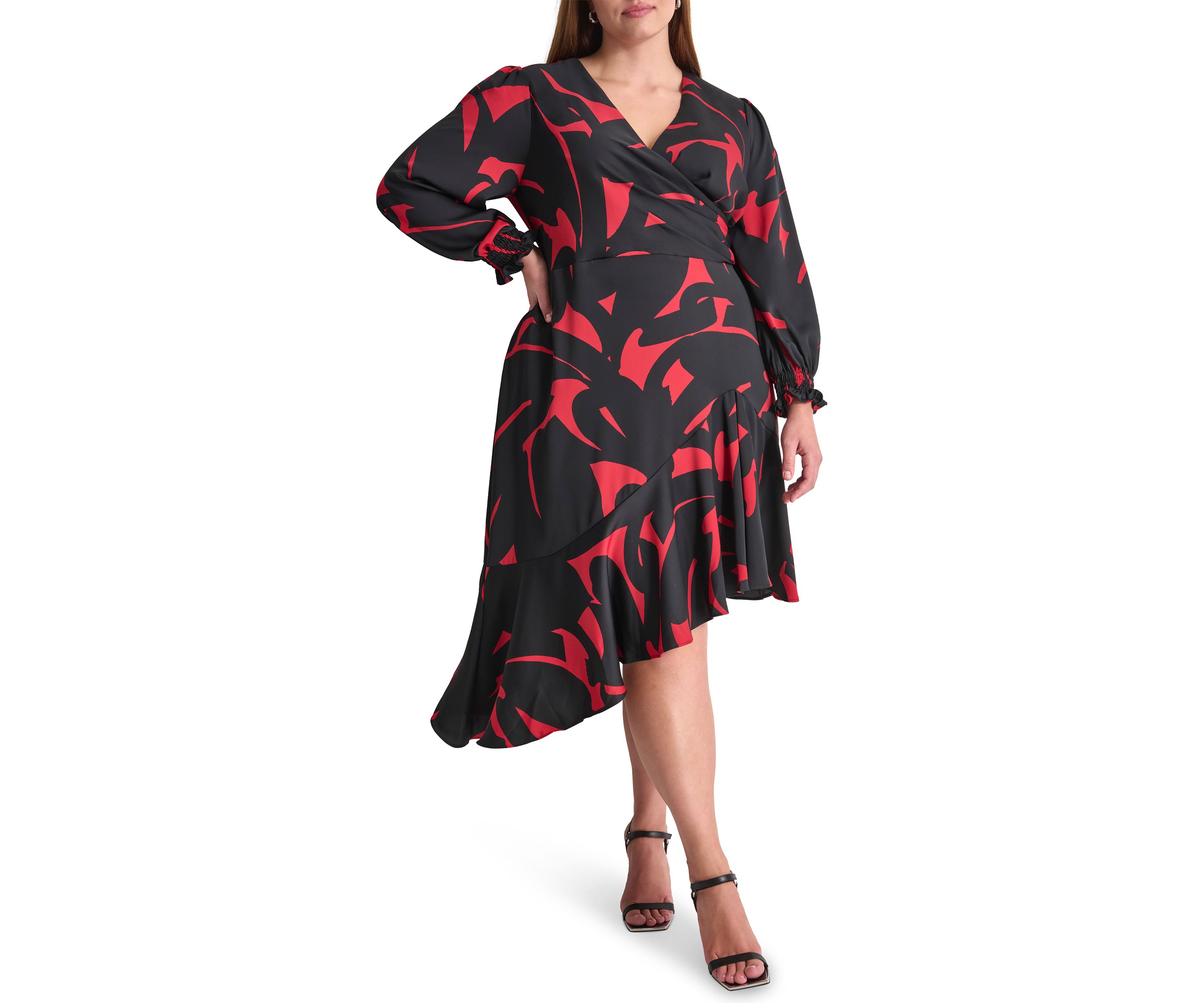 Plus Size Long Sleeve V-Neck Abstract Print Fit and Flare Dress 