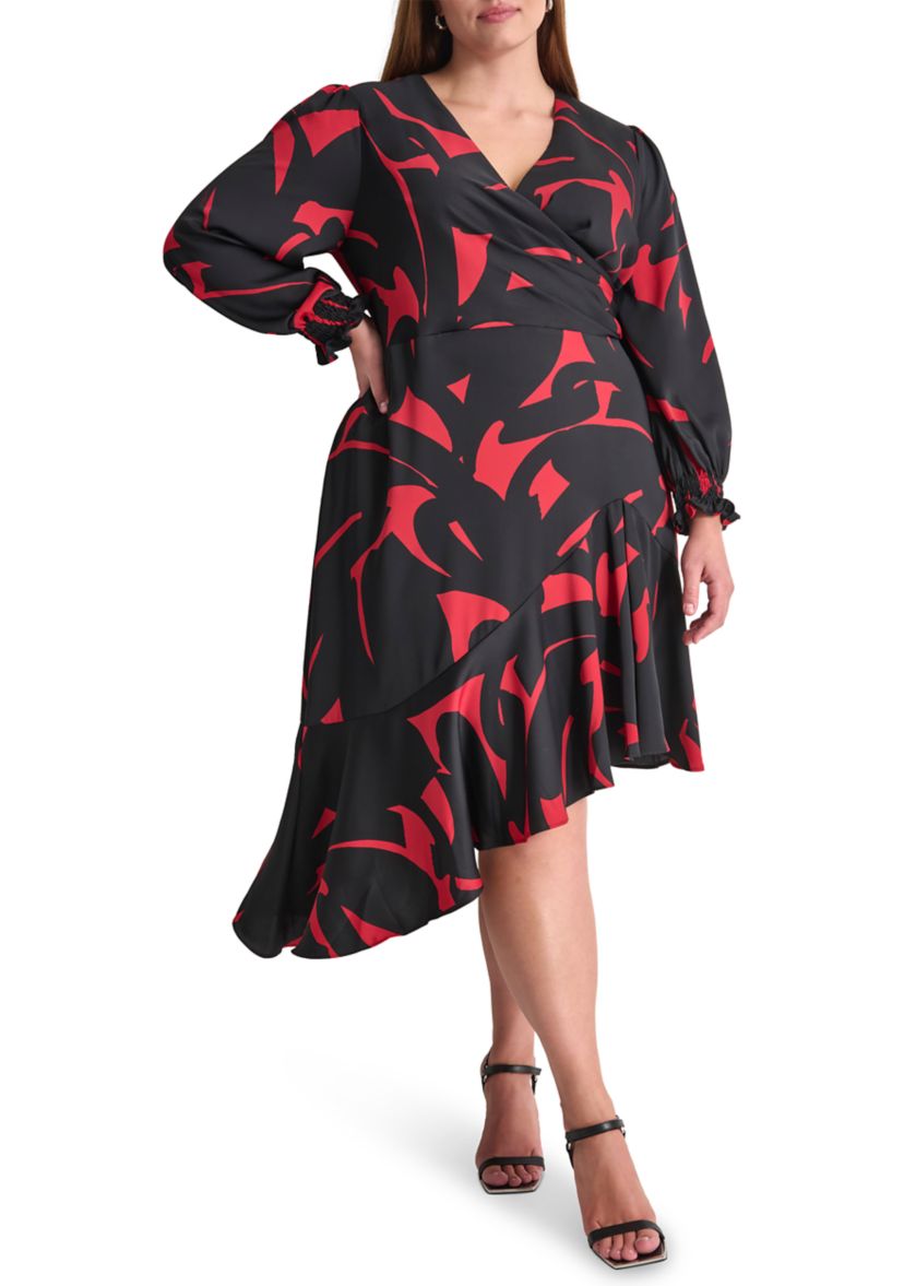 Plus Size Long Sleeve V-Neck Abstract Print Fit and Flare Dress 