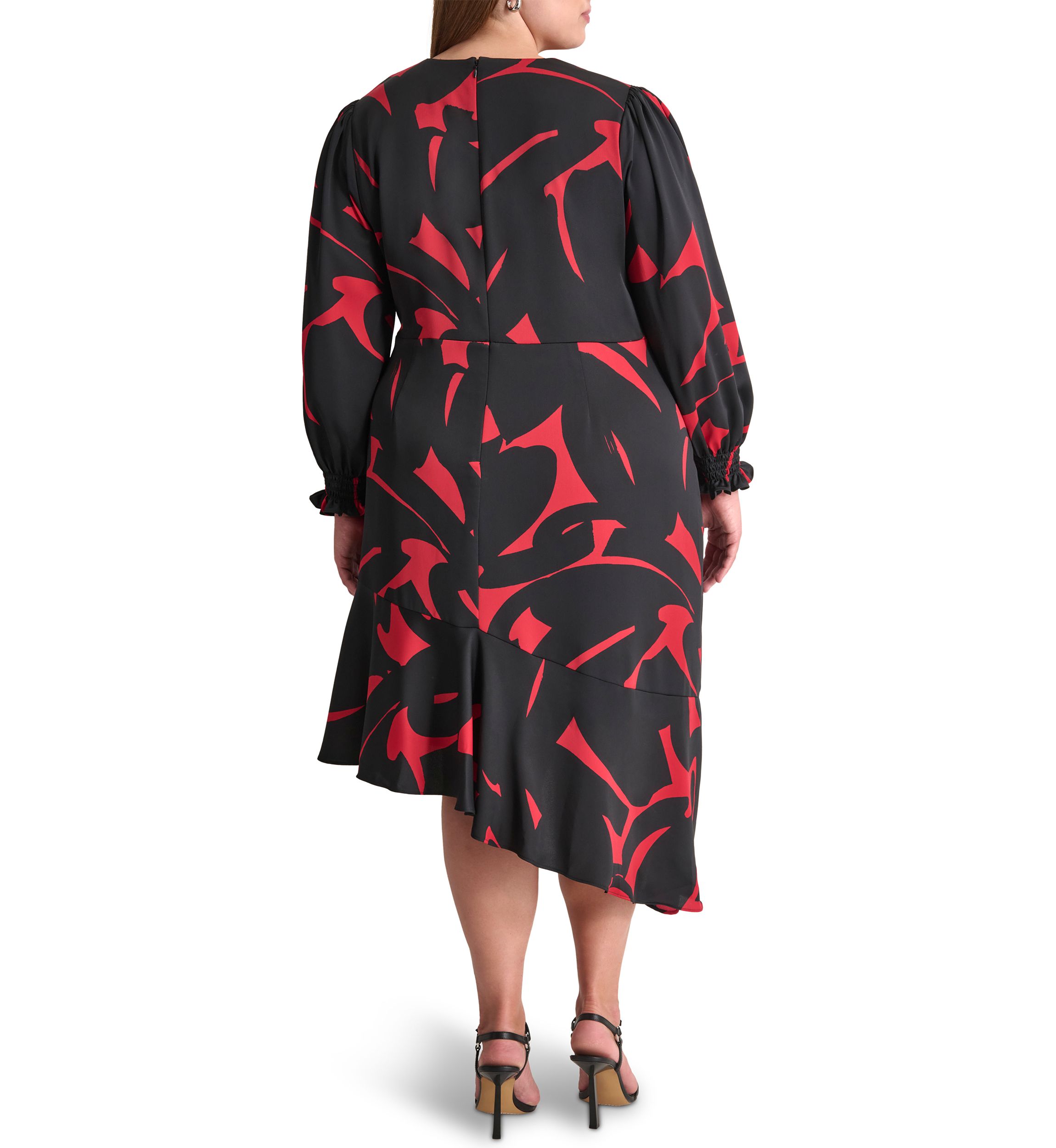 Plus Size Long Sleeve V-Neck Abstract Print Fit and Flare Dress 