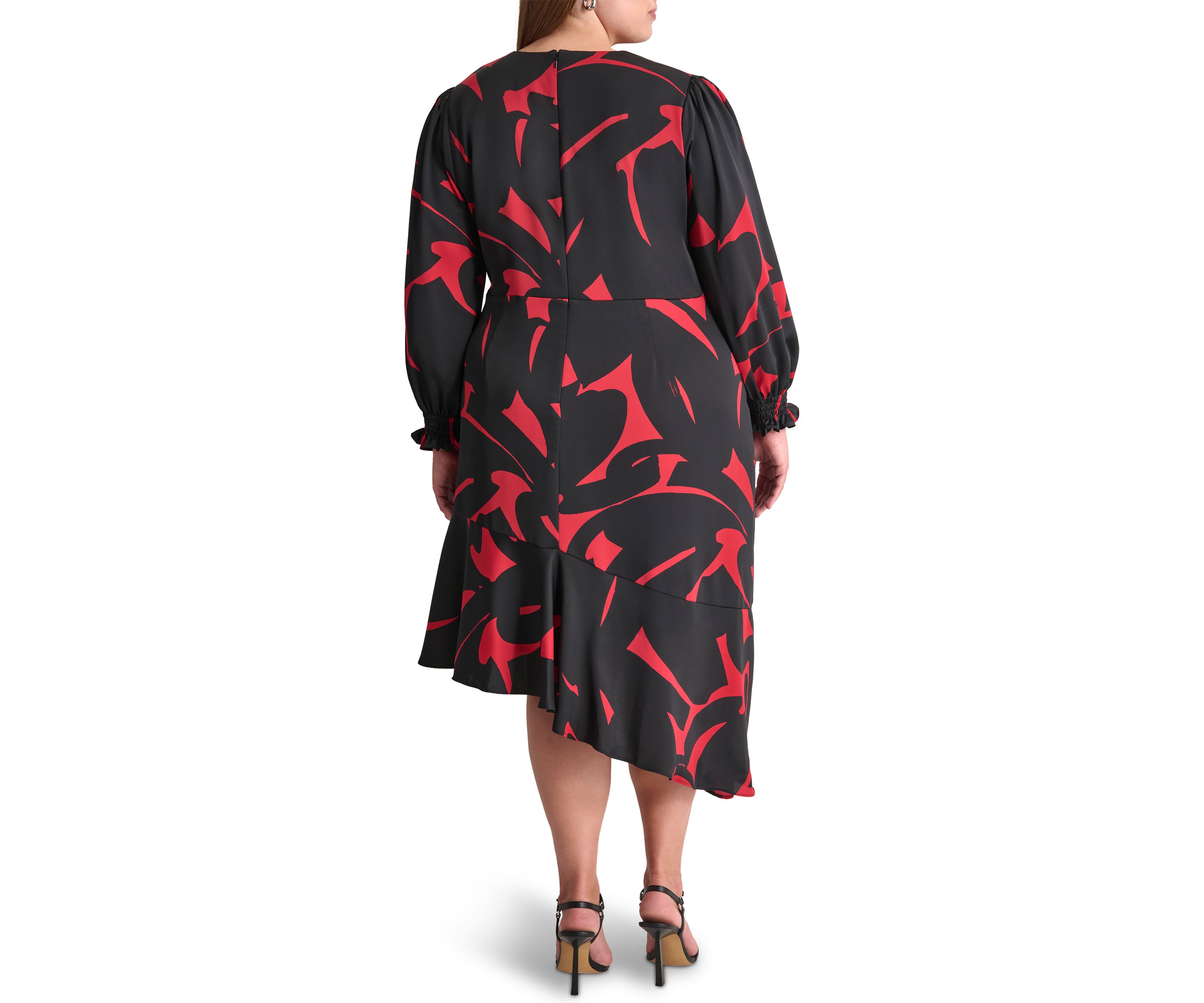 Plus Size Long Sleeve V-Neck Abstract Print Fit and Flare Dress 