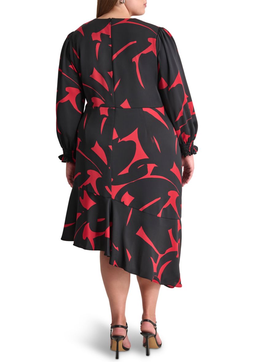 Plus Size Long Sleeve V-Neck Abstract Print Fit and Flare Dress 