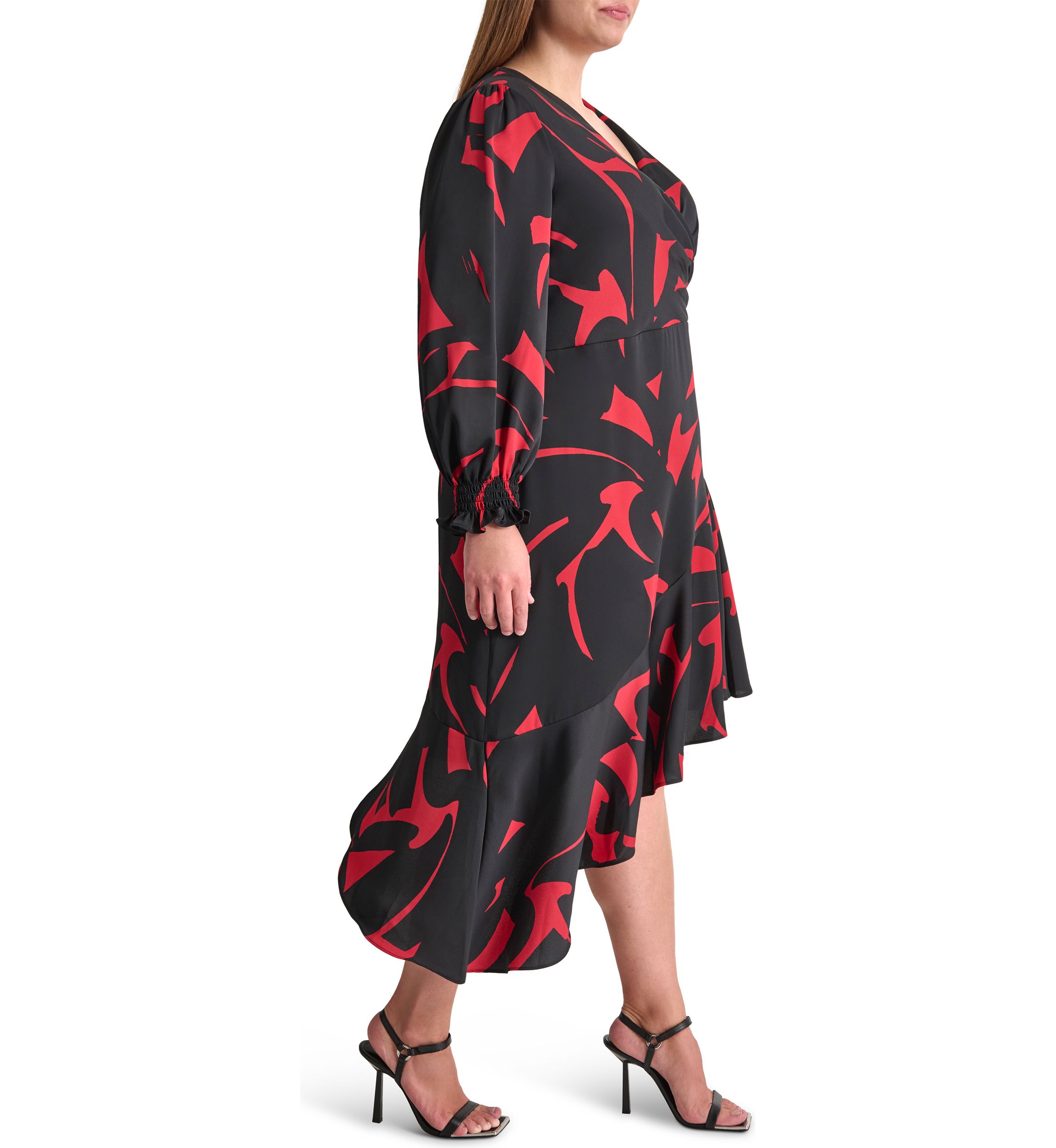 Plus Size Long Sleeve V-Neck Abstract Print Fit and Flare Dress 