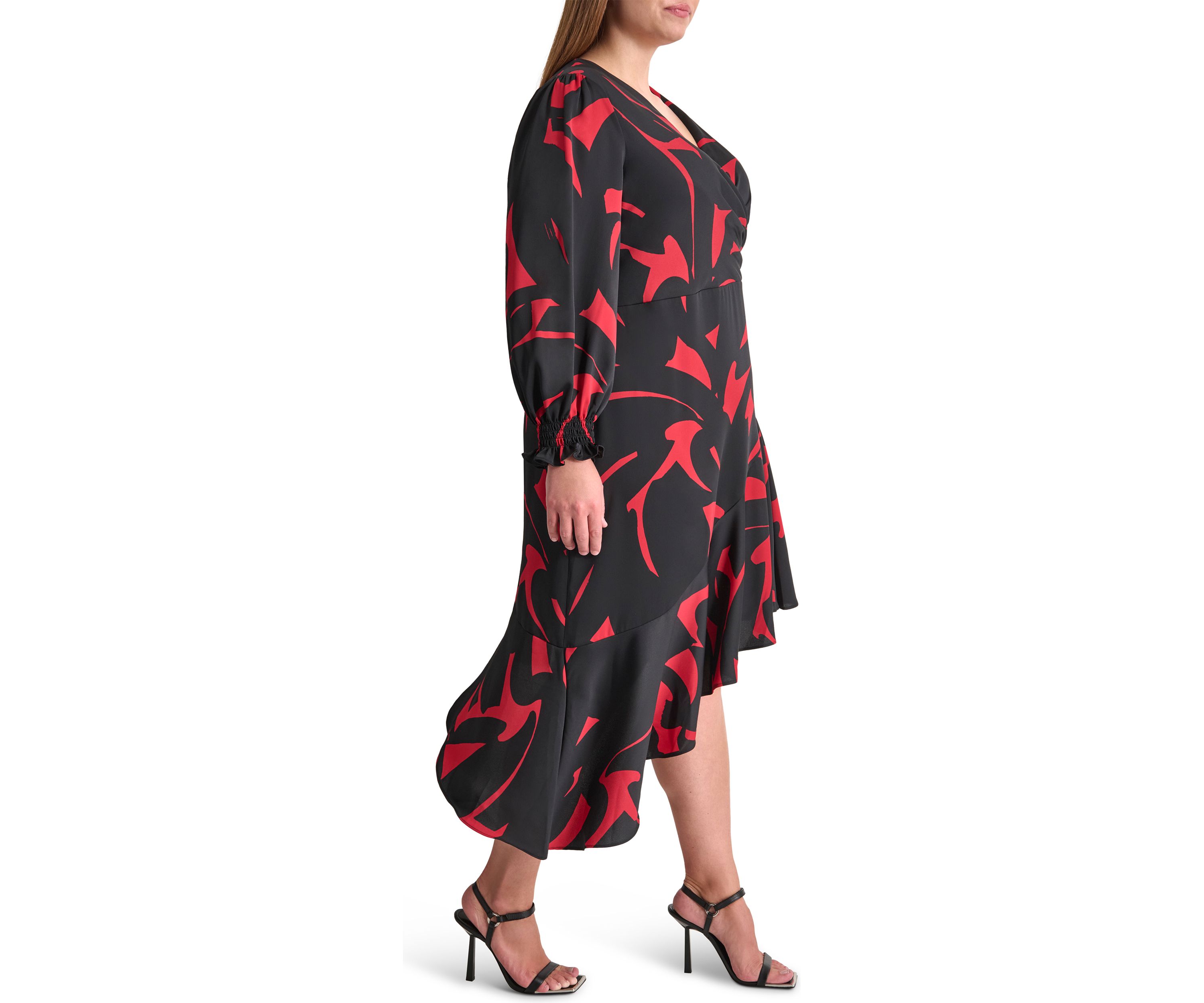 Plus Size Long Sleeve V-Neck Abstract Print Fit and Flare Dress 