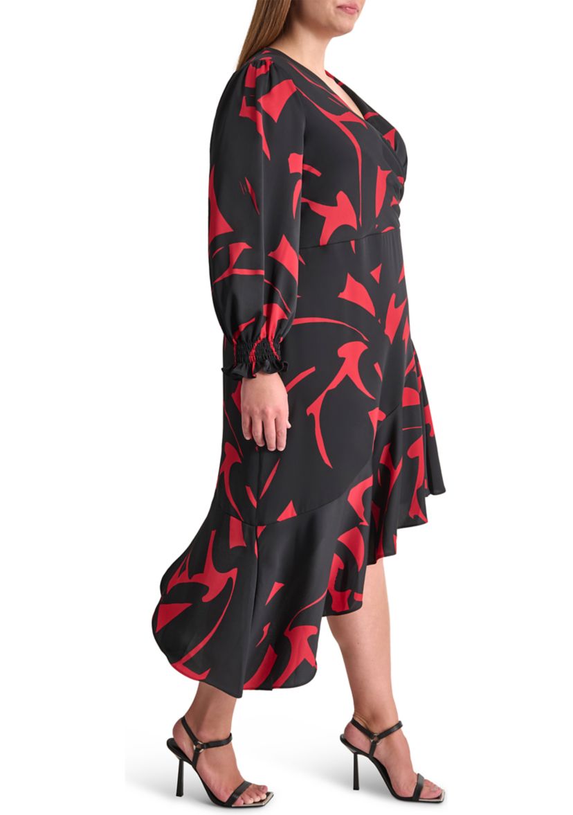 Plus Size Long Sleeve V-Neck Abstract Print Fit and Flare Dress 