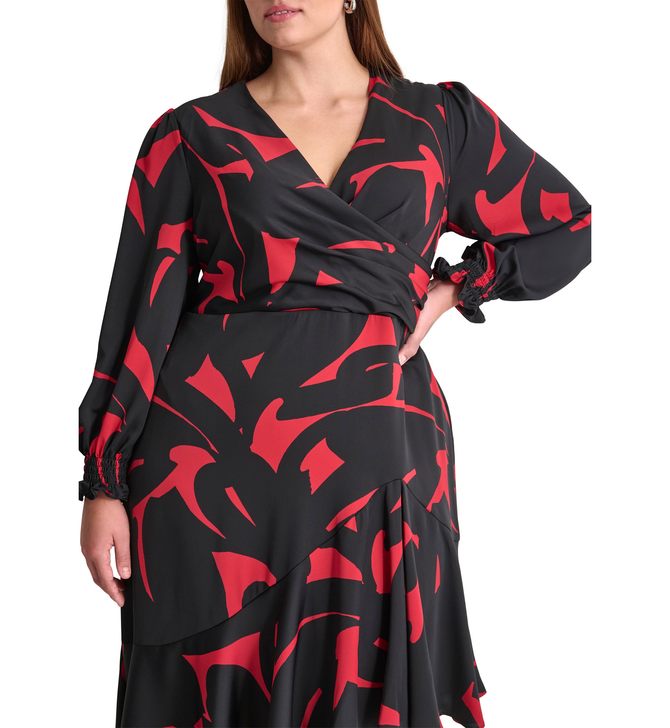 Plus Size Long Sleeve V-Neck Abstract Print Fit and Flare Dress 