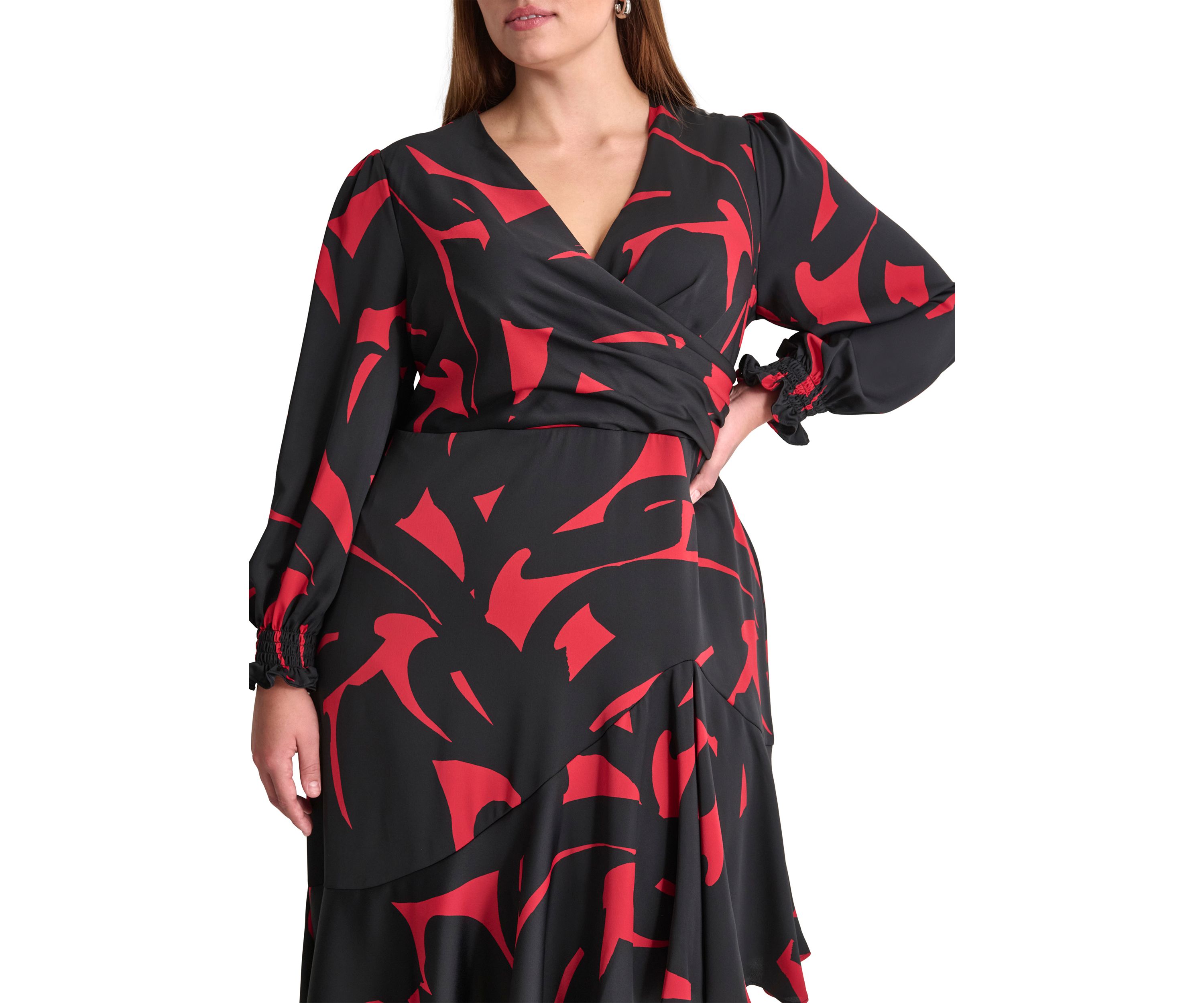 Plus Size Long Sleeve V-Neck Abstract Print Fit and Flare Dress 