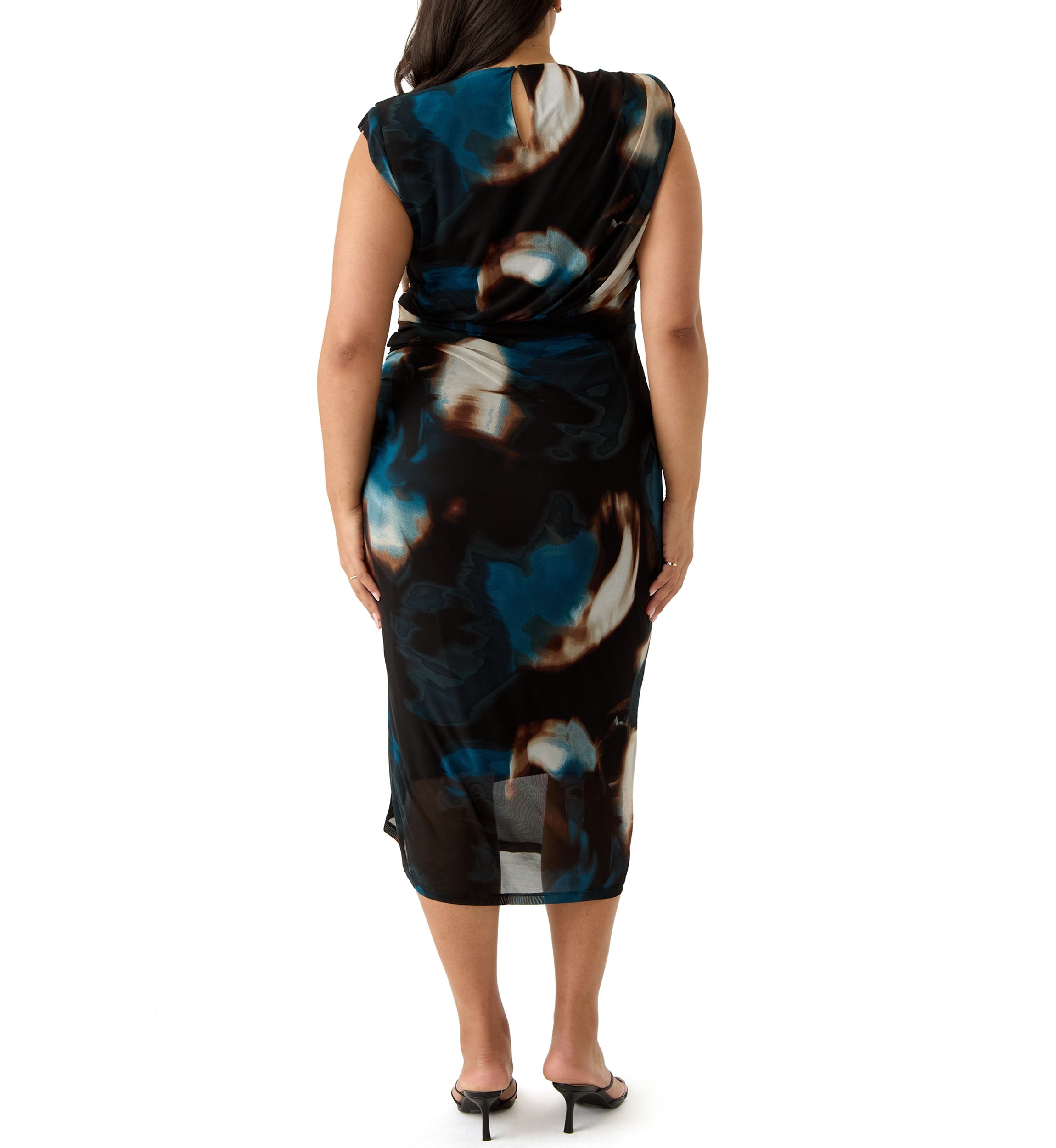 Plus Size Sleeveless Crew Neck Abstract Print Ruched Sheath Dress
