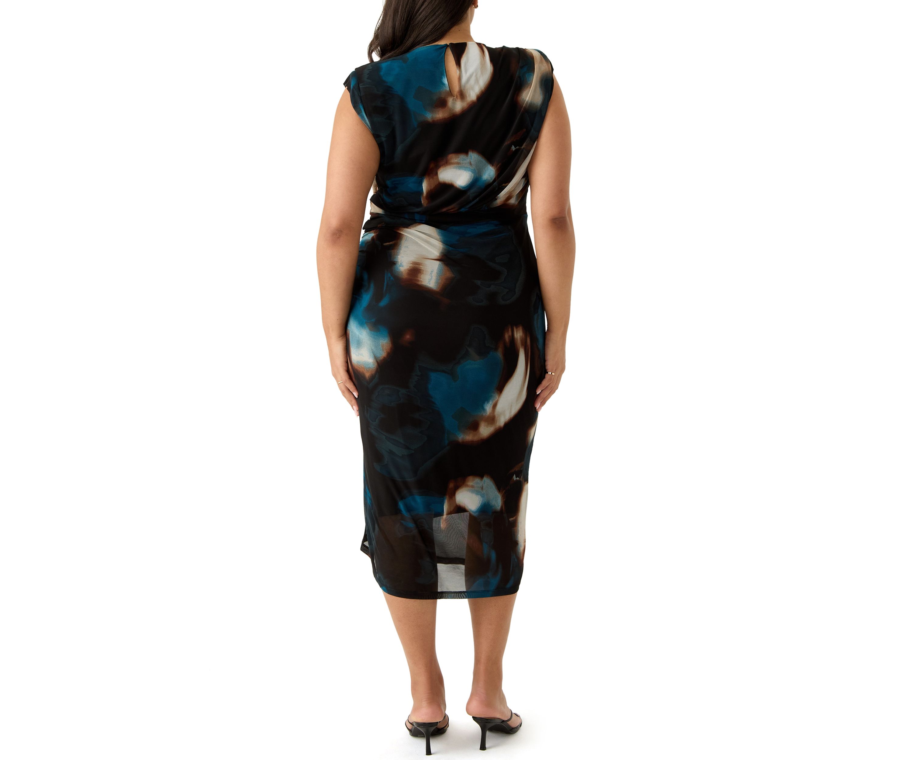 Plus Size Sleeveless Crew Neck Abstract Print Ruched Sheath Dress