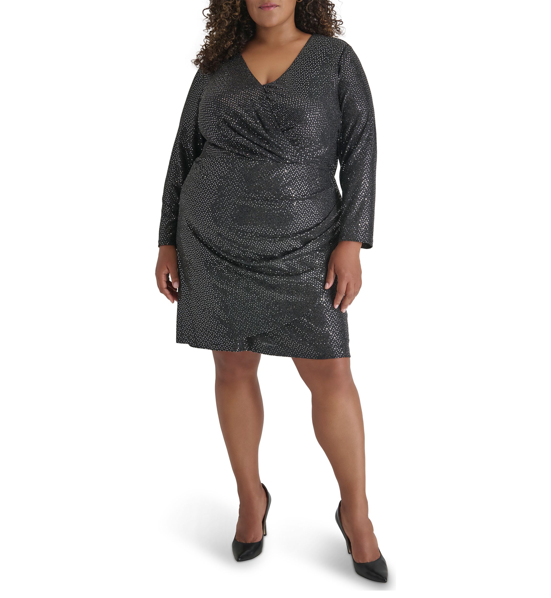 Plus Size Long Sleeve V-Neck Glitter Side Ruched Gown 