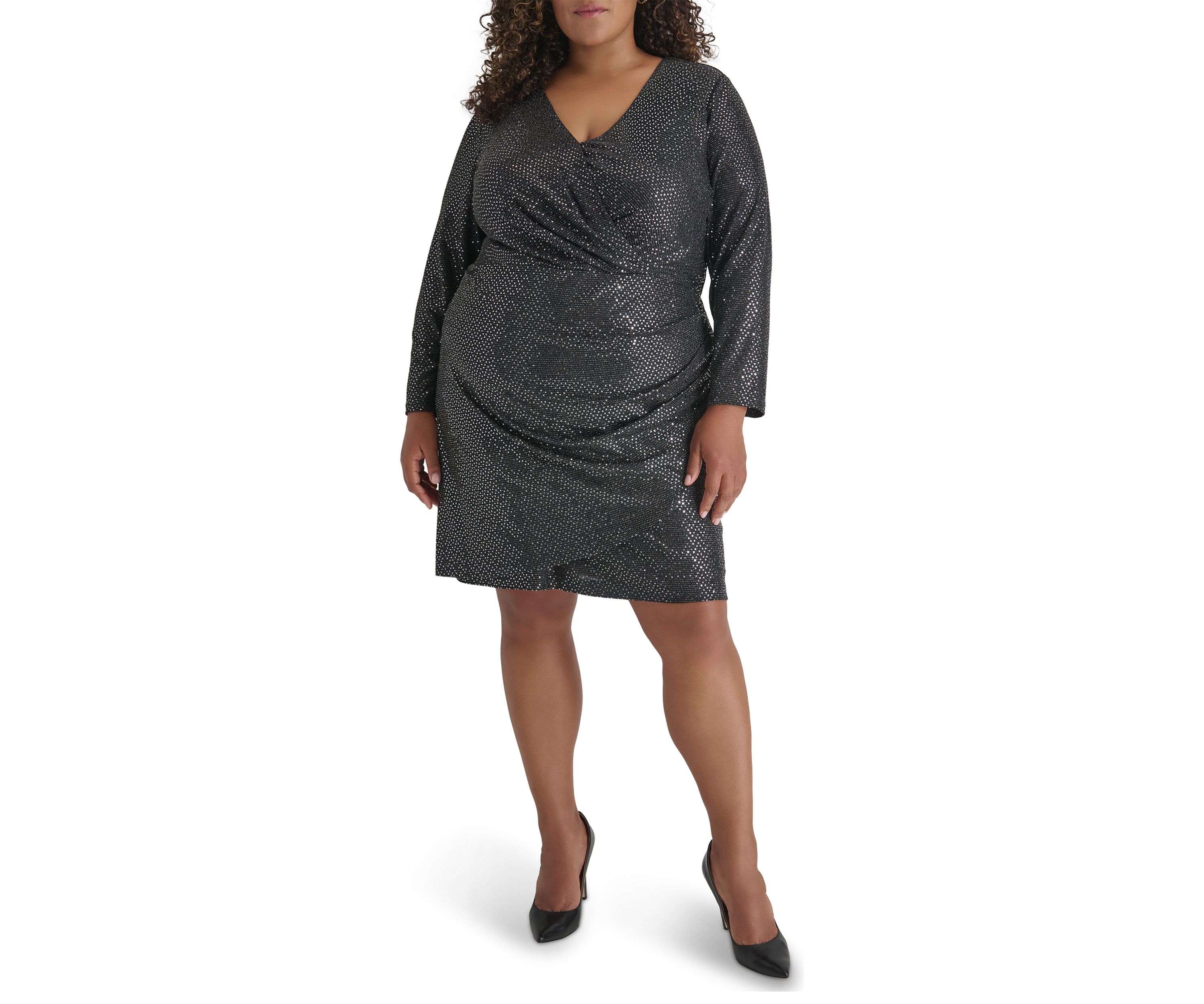 Plus Size Long Sleeve V-Neck Glitter Side Ruched Gown 