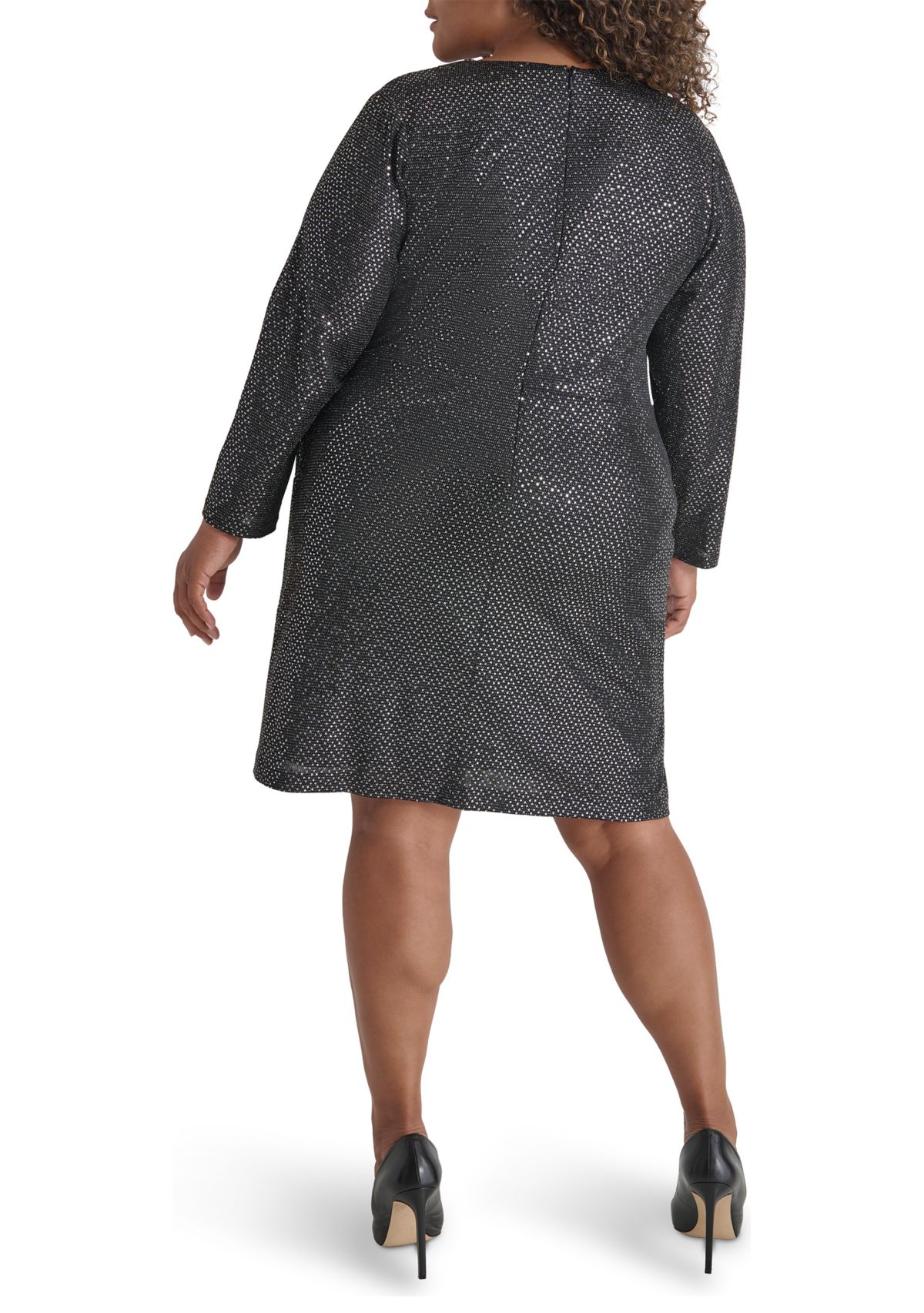 Plus Size Long Sleeve V-Neck Glitter Side Ruched Gown 