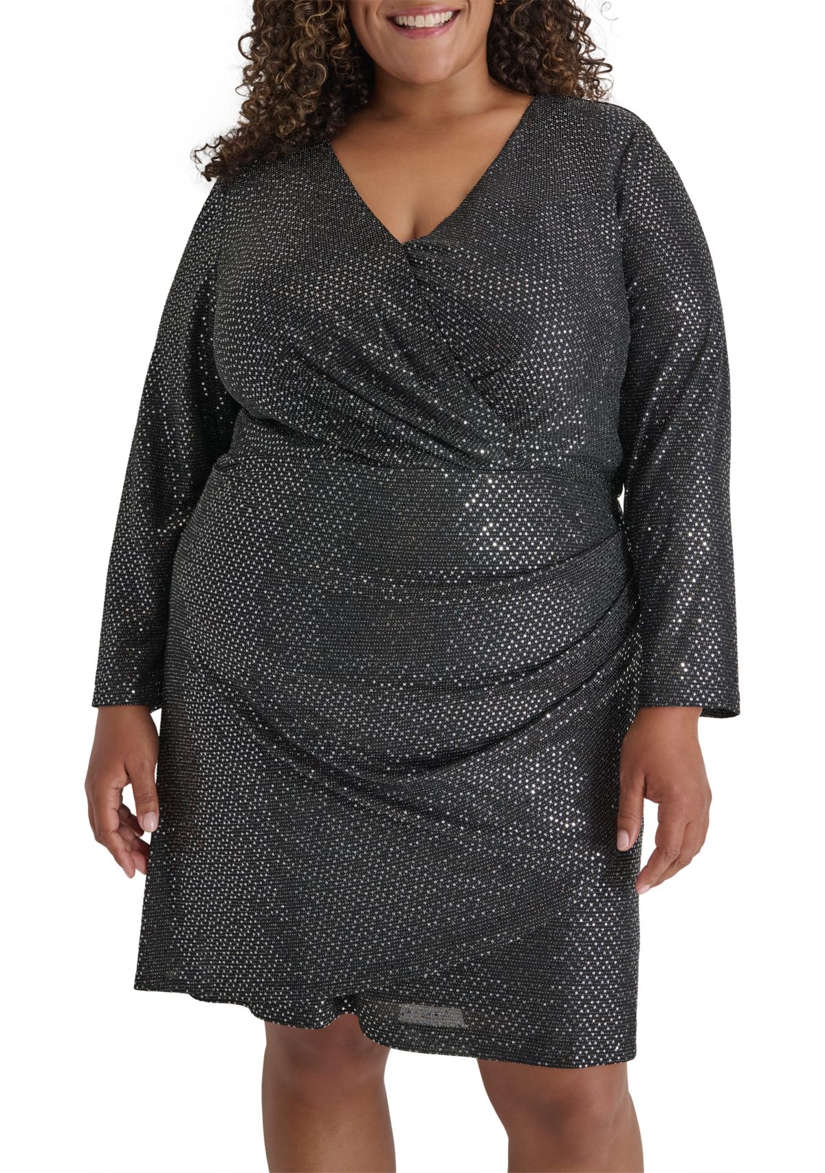 Plus Size Long Sleeve V-Neck Glitter Side Ruched Gown 