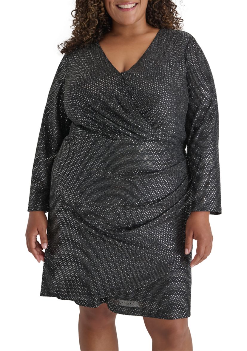 Plus Size Long Sleeve V-Neck Glitter Side Ruched Gown 