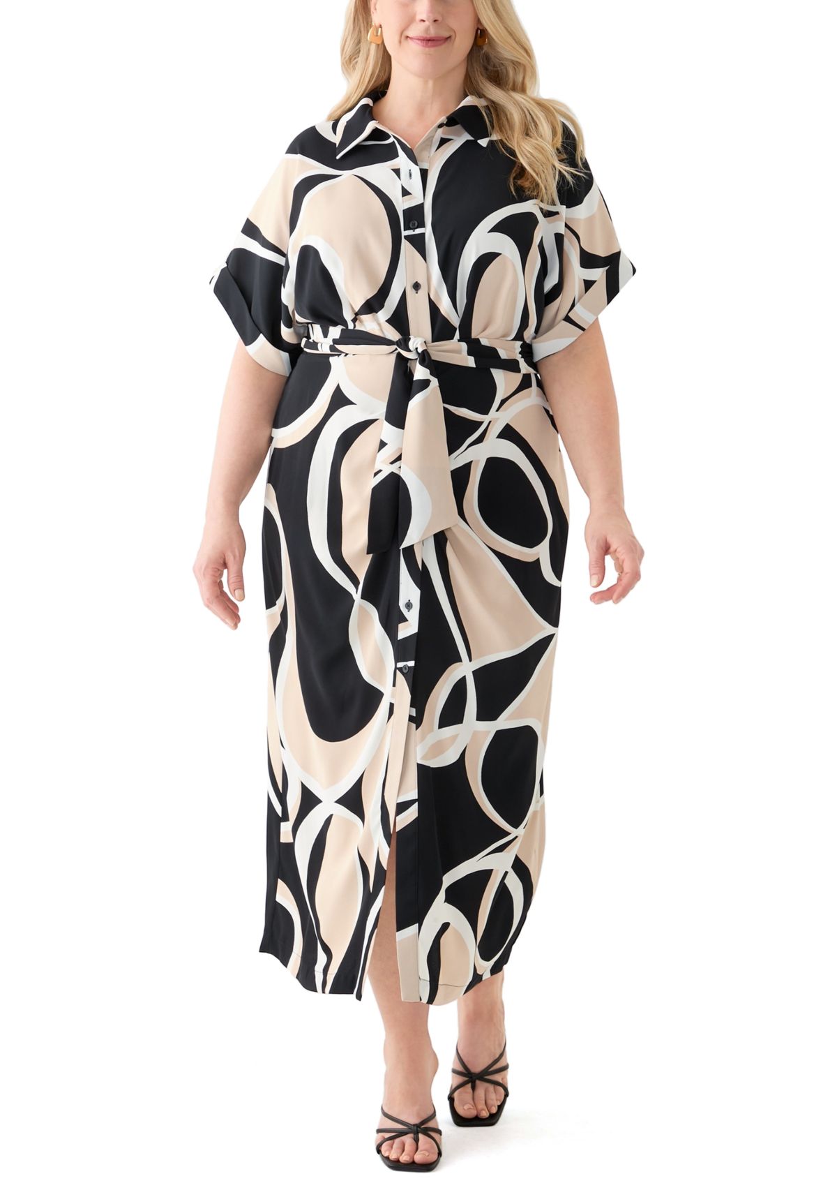 Plus Size Abstract Printed Belted Tie Waist Midi Dress