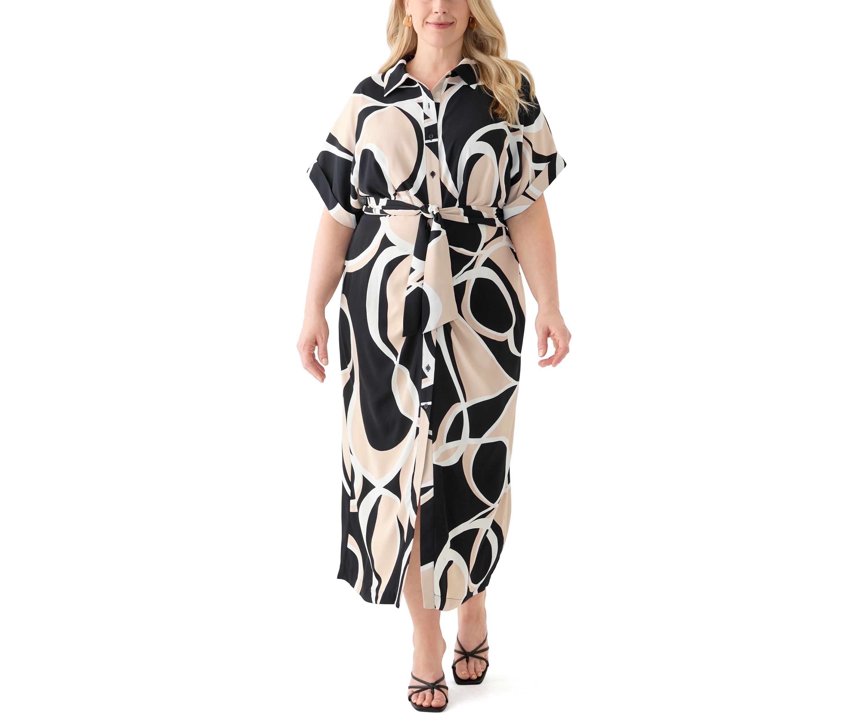 Plus Size Abstract Printed Belted Tie Waist Midi Dress