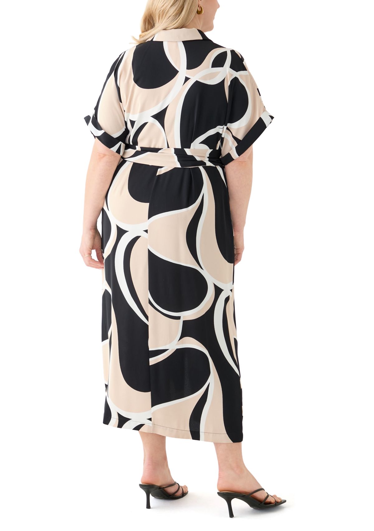Plus Size Abstract Printed Belted Tie Waist Midi Dress
