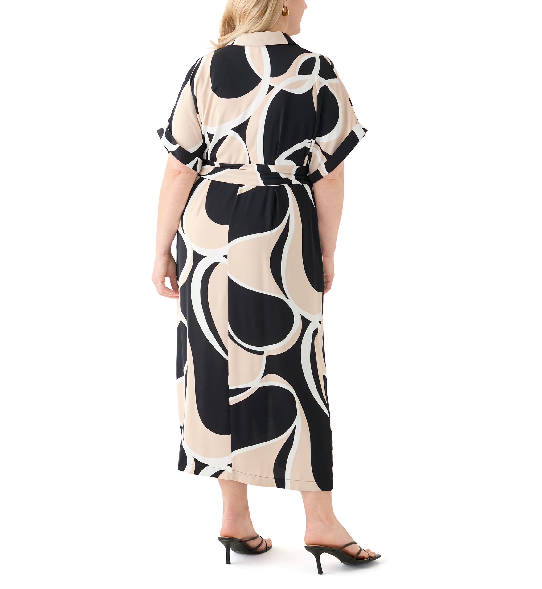 Plus Size Abstract Printed Belted Tie Waist Midi Dress
