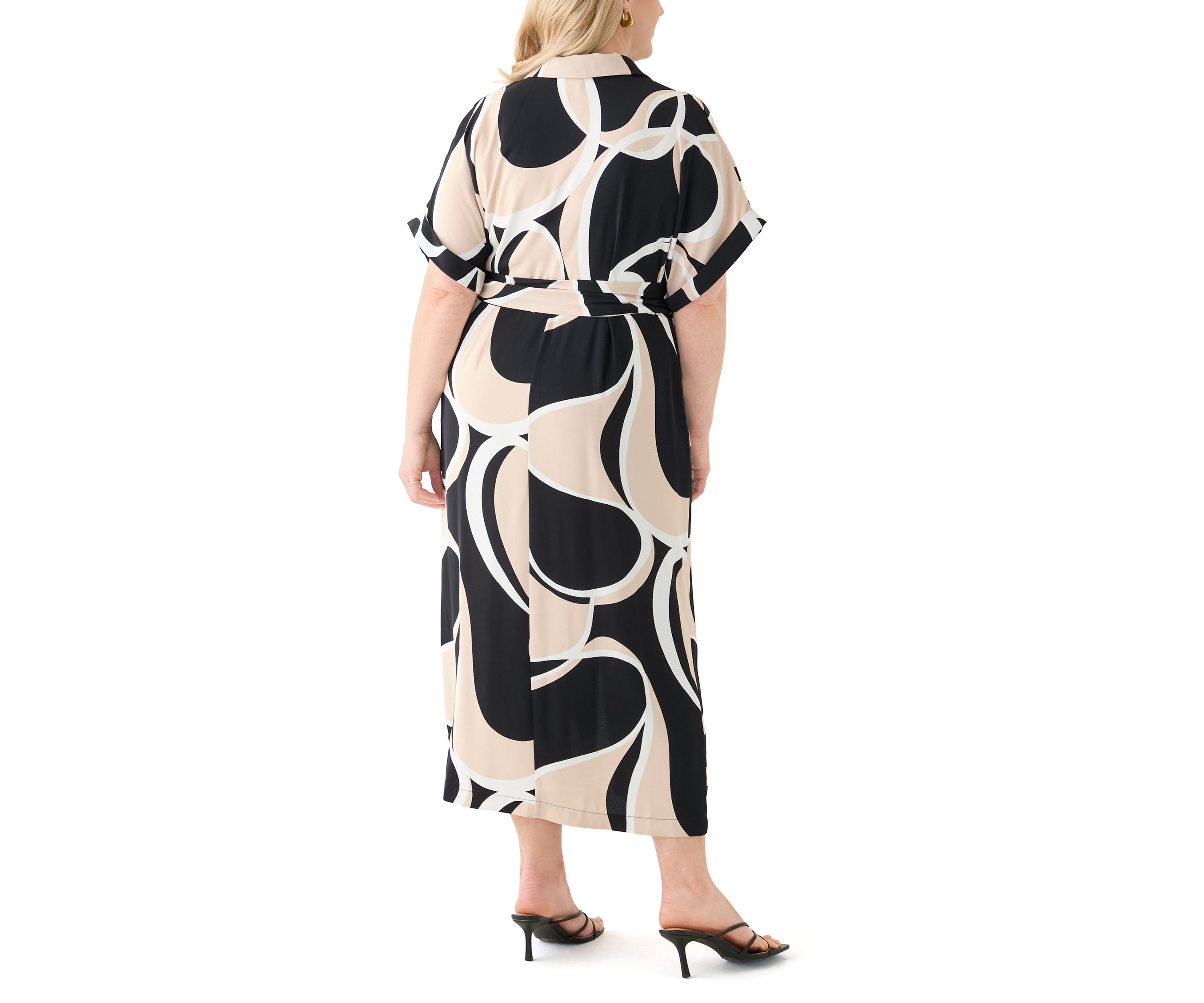 Plus Size Abstract Printed Belted Tie Waist Midi Dress