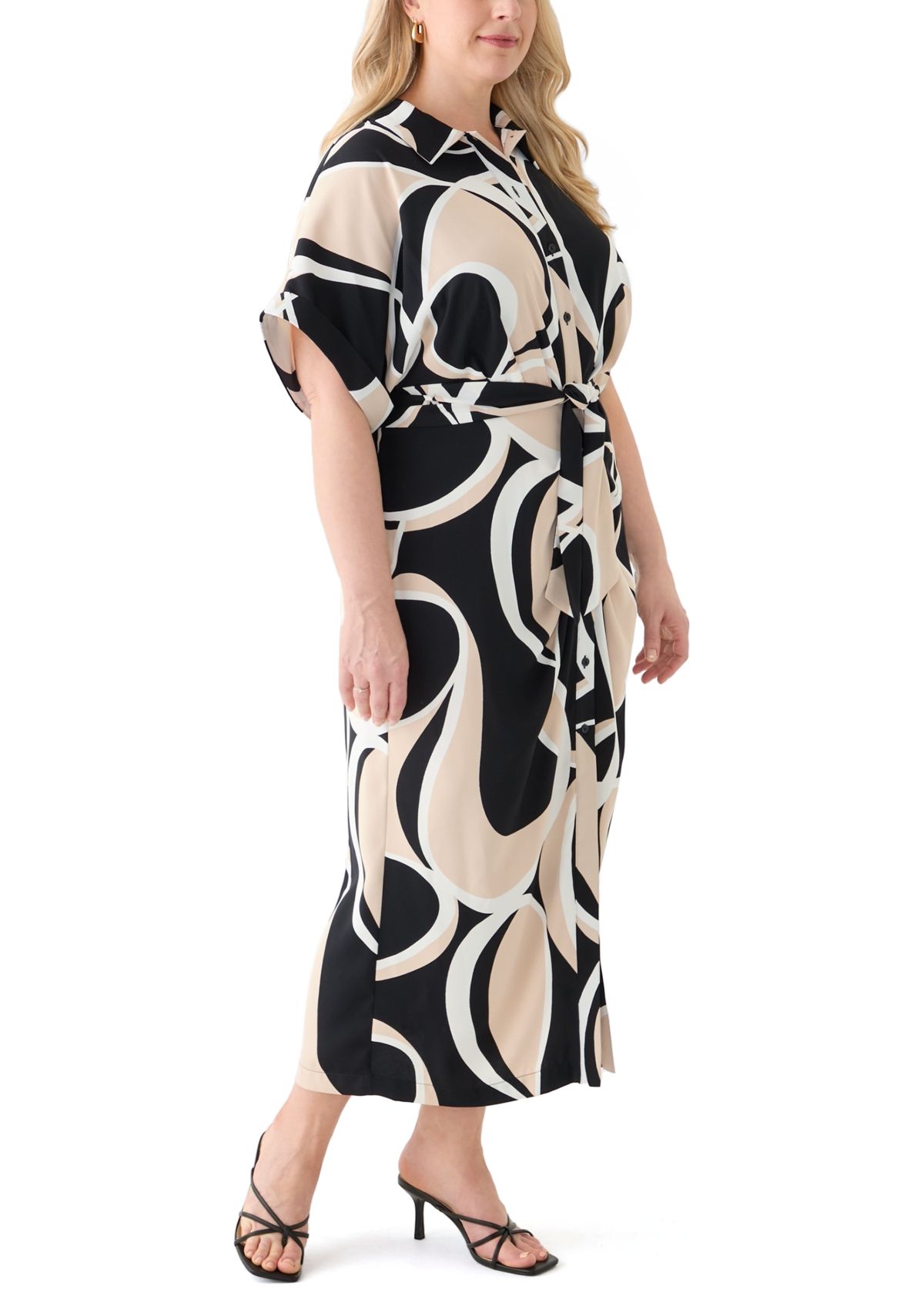 Plus Size Abstract Printed Belted Tie Waist Midi Dress