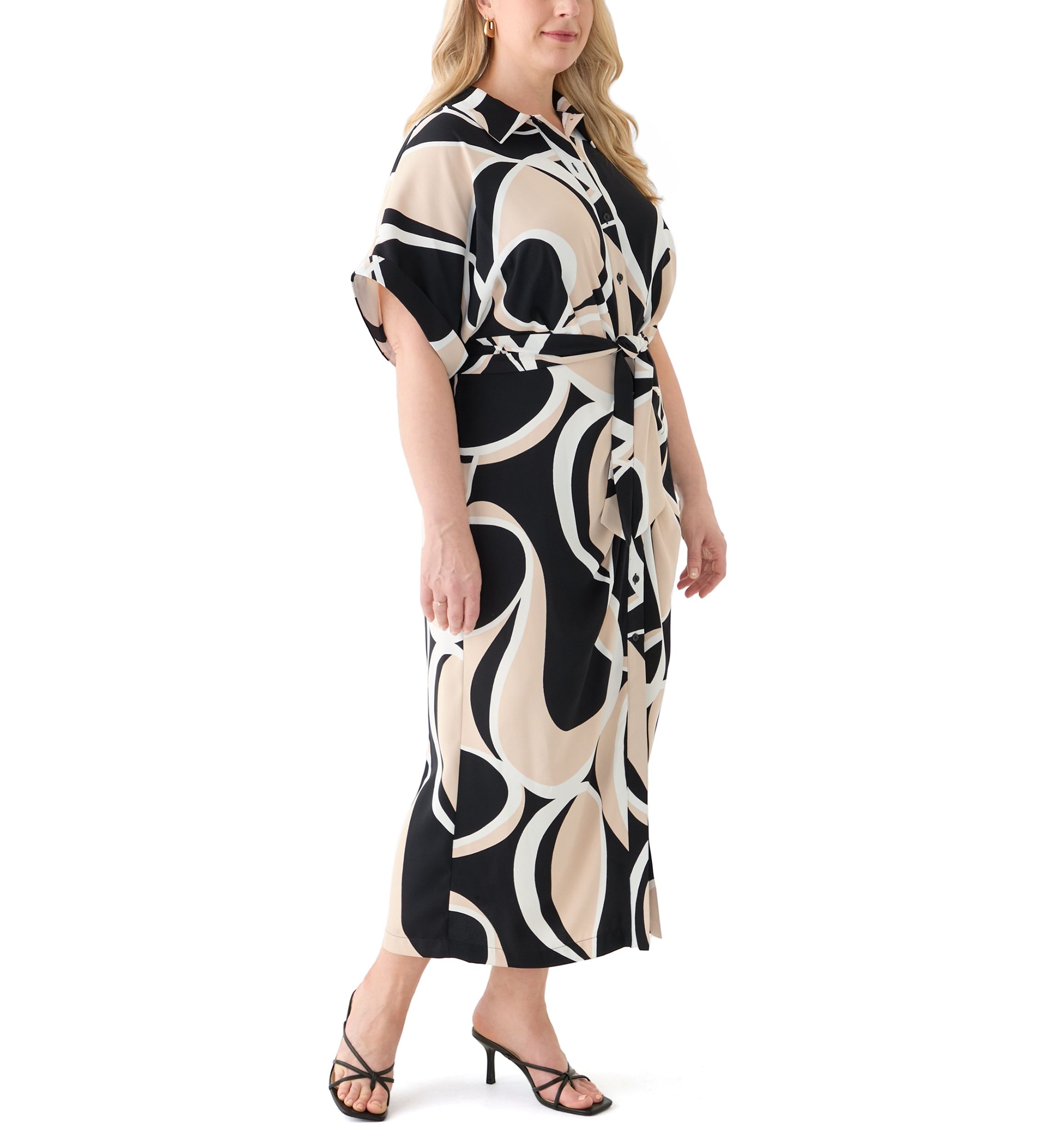 Plus Size Abstract Printed Belted Tie Waist Midi Dress