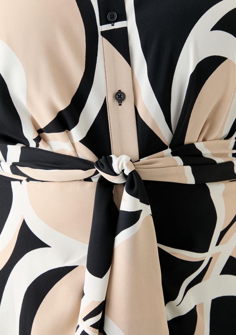 Plus Size Abstract Printed Belted Tie Waist Midi Dress