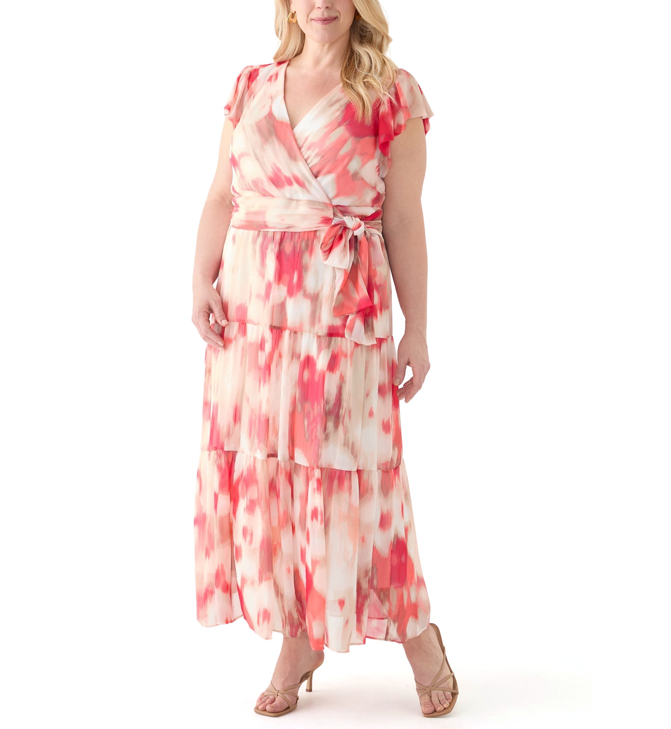 Plus Size Watercolor Printed Chiffon Fit and Flare Maxi Dress