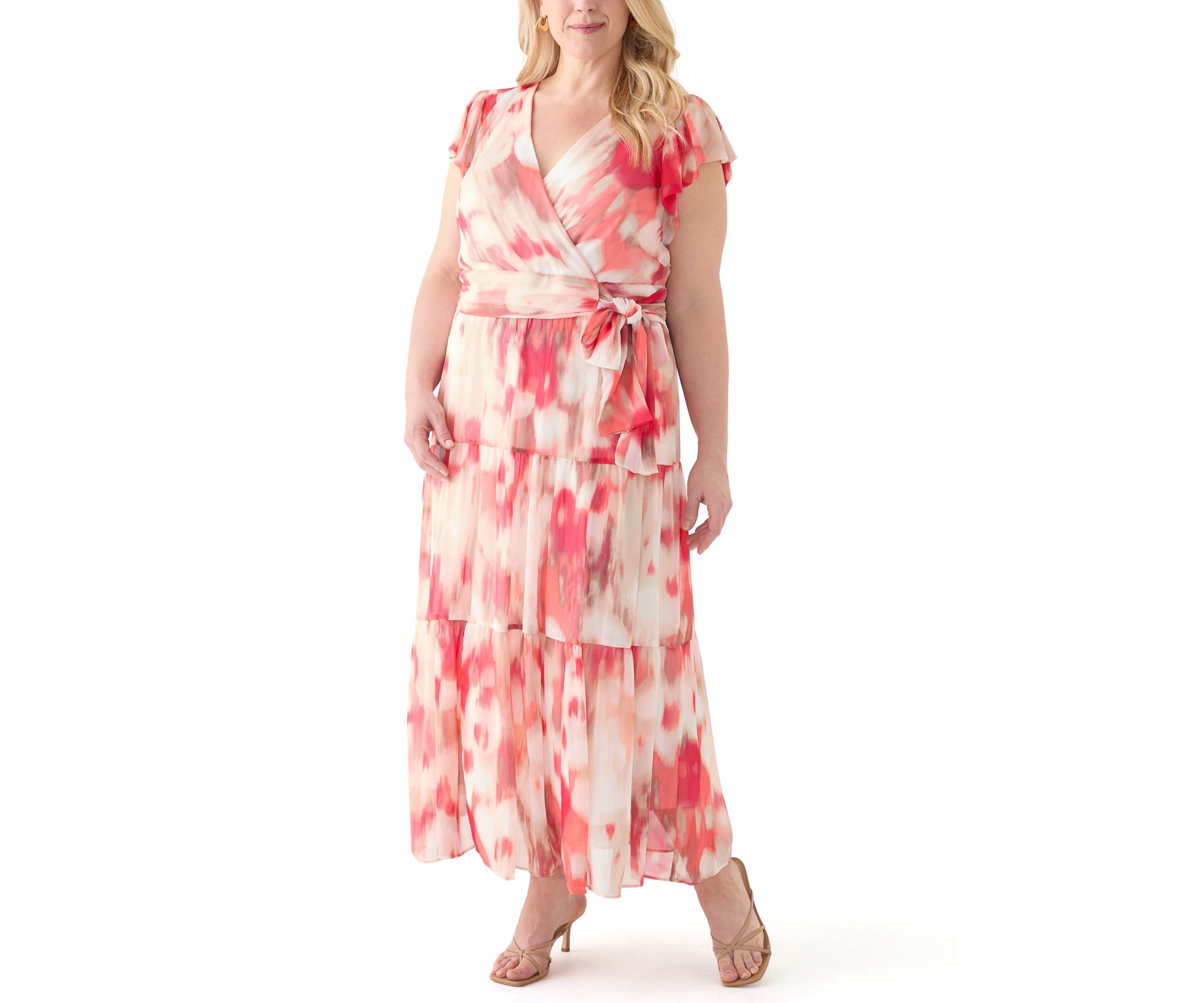 Plus Size Watercolor Printed Chiffon Fit and Flare Maxi Dress