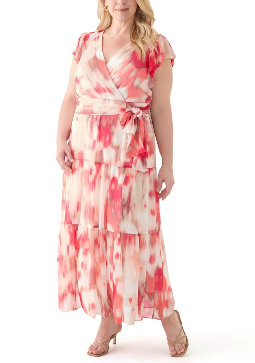 Plus Size Watercolor Printed Chiffon Fit and Flare Maxi Dress